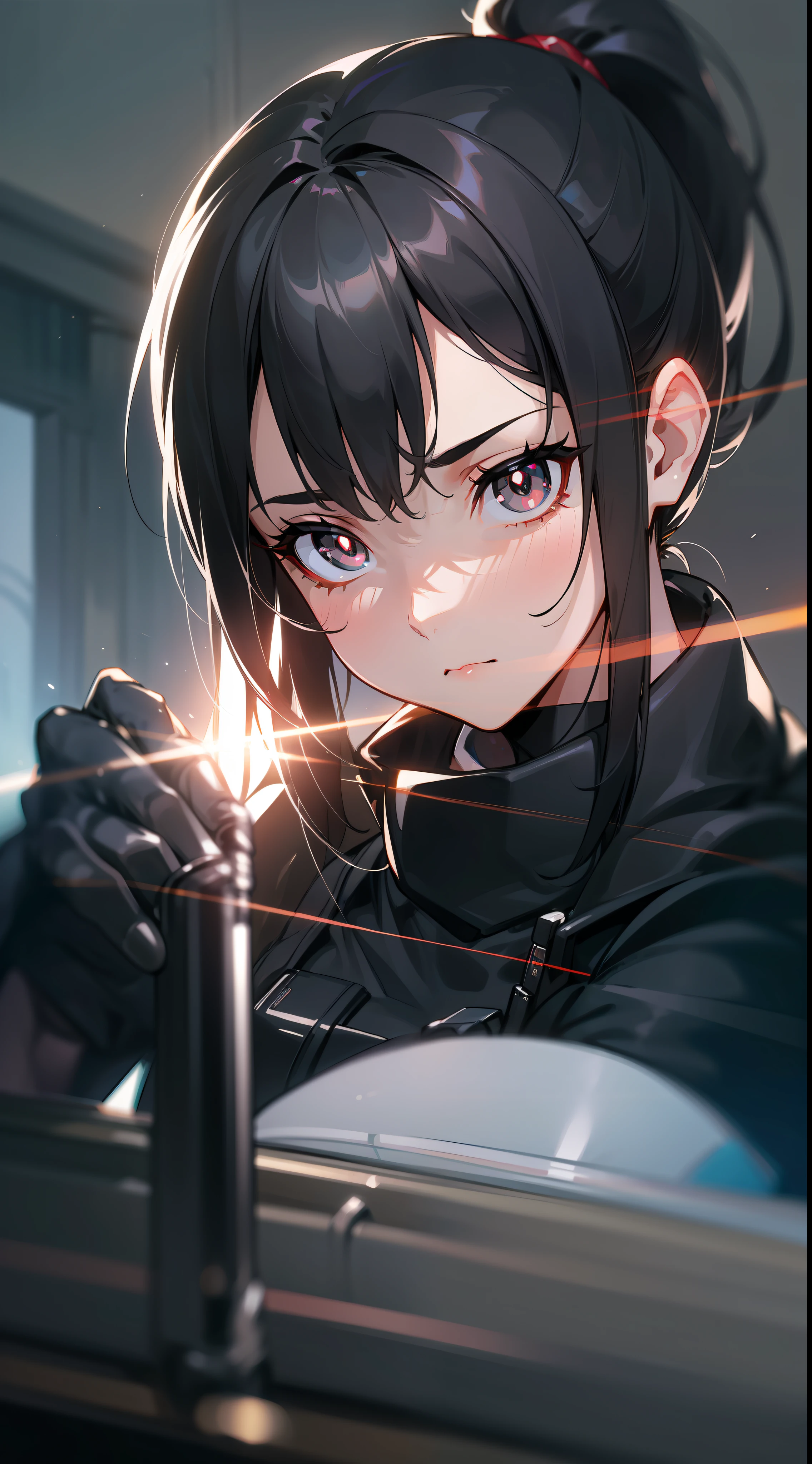 (((bright black pupils))), (eyes with light), (sharp eyes), (straight black hair), tight leather clothing, (crisp and neat posture), (high ponytail), (mysterious), (calm) (best quality), ultra-detailed, realistic, Octane renderer, Unreal Engine, ultra detail, cinematic lighting effects, high dynamic range, (HDR), 32K resolution, super resolution, megapixels, ProPhoto RB, careful, meticulous, sniper rifle in the command room of the team base, Maiden 5 sits in front of the tactical terminal, her fingers tapping nimbly on the keyboard, checking the latest intelligence and mission objectives. Her long, straight black hair swayed gently with her movements, and her pupils revealed a sharp light.
