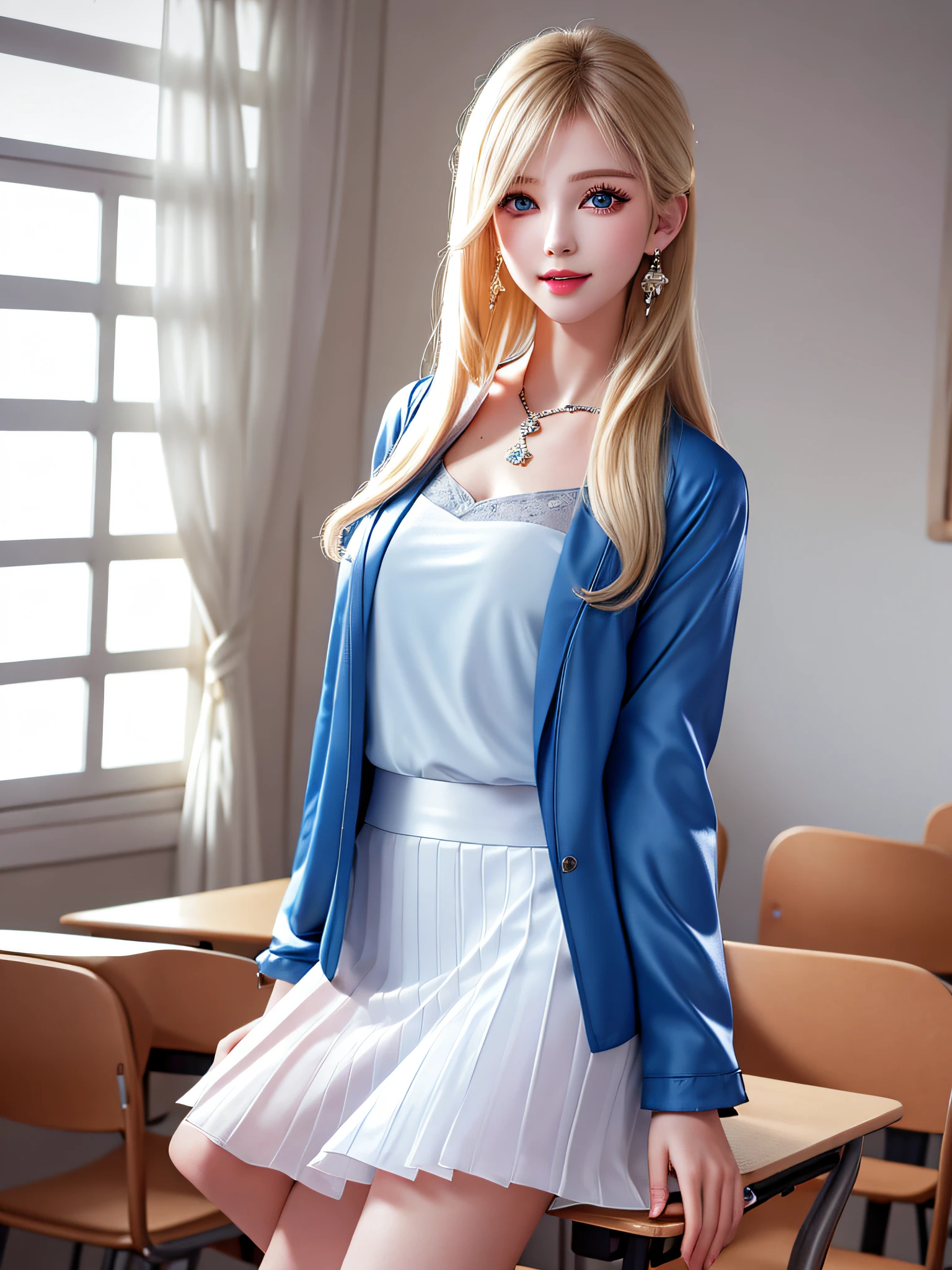 (legs open on classroom chair)), Female Teacher v6, Necklace, Earrings, Full Body V6, Long Gray Hair, Translucent Clothes, Look, Superb, Ultra High Definition, RAW Photography, Realism 1.25), (Bright Lip Gloss, Long Eyelashes, Smooth) Face, Light Bright, Natural Shadows, Wide Light, Wide Light, Depth of Field, Intense Colors, Subtle Caustics: 0.8), Smile, (Big), v6, There are windows showing different buildings in the city (absurdity, high resolution, super detail), smile, (big), v6 ((Adriaan Honnig))) girl with blonde hair and blue eyes, beautiful, thin, sexy pose, back figure, gaze is windowside, ((dark blue jacket front opening, white sheer blouse, white sheer flared skirt))
