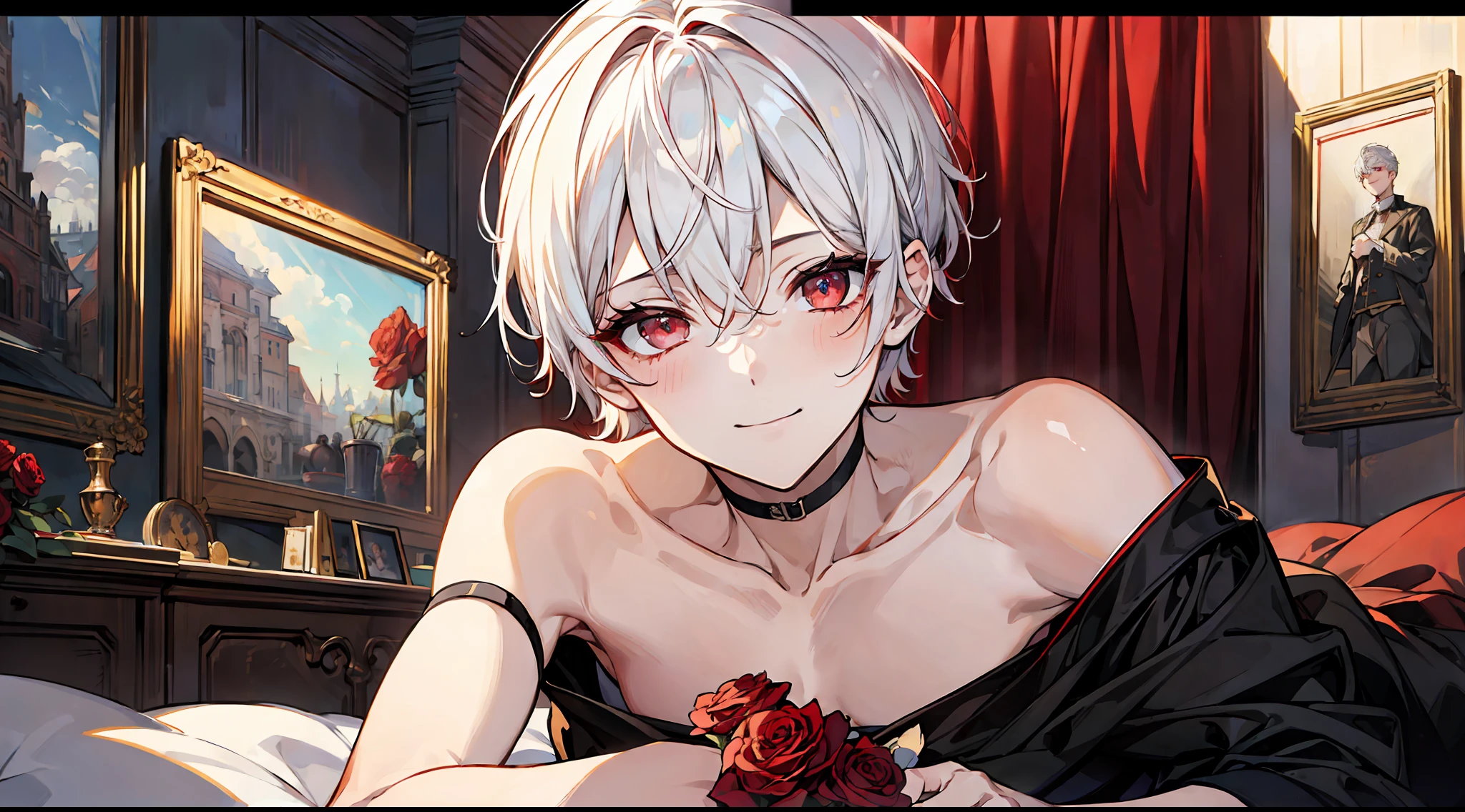 ((masterpiece)),(((best quality))), (high-quality, breathtaking),(expressive eyes, perfect face), short, young boy, short white hair, red eyes, smiling, black panties, shine, glow, red roses, bedroom, lying on bed, up close, portrait