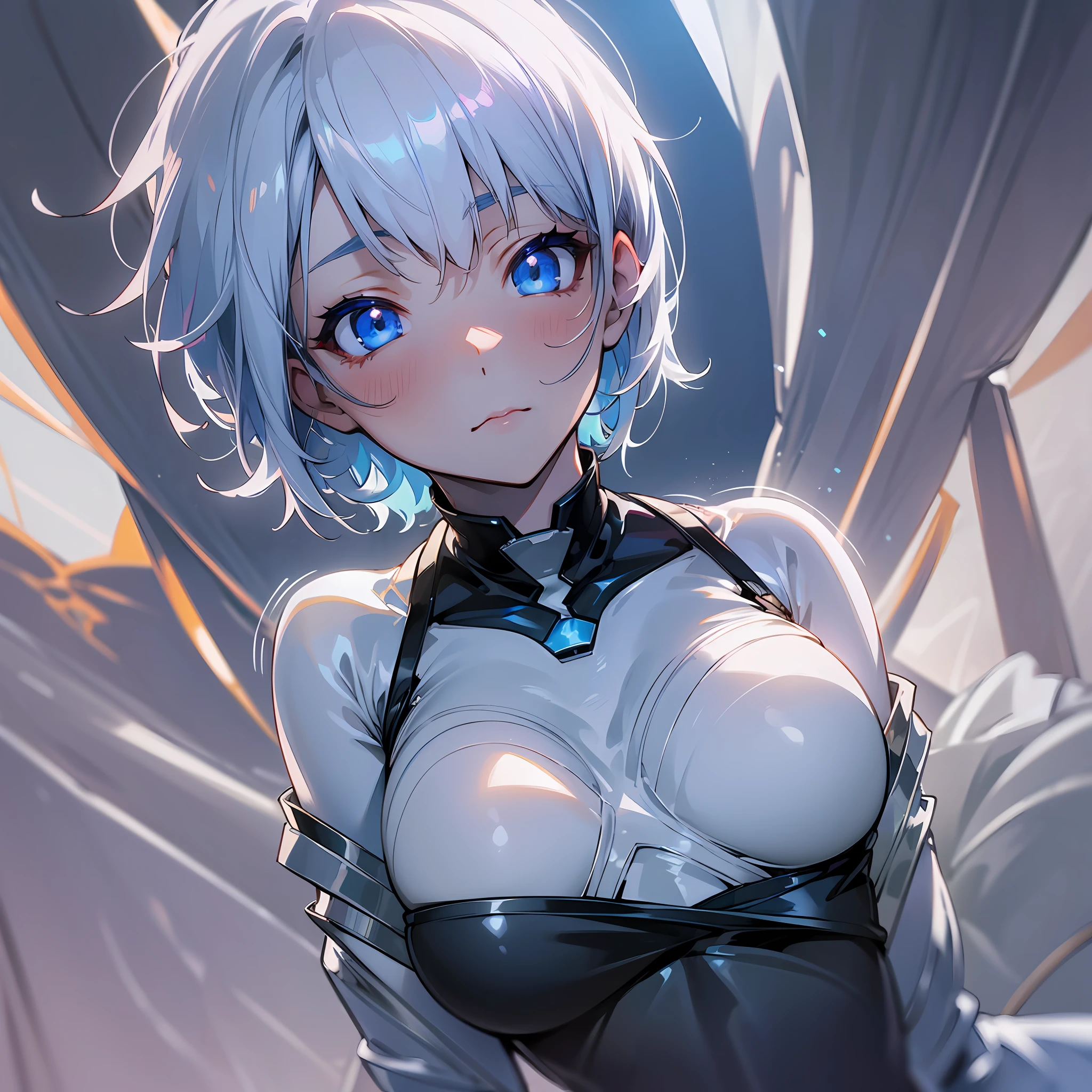 white skin, ultra beautiful face, breasts, breasts covering, hentai, ambient light, hentai pessonage, anime, short haired girl, silver white, blue eyes, gorgeous eyes, shy. , Maximum quality. --auto --s2