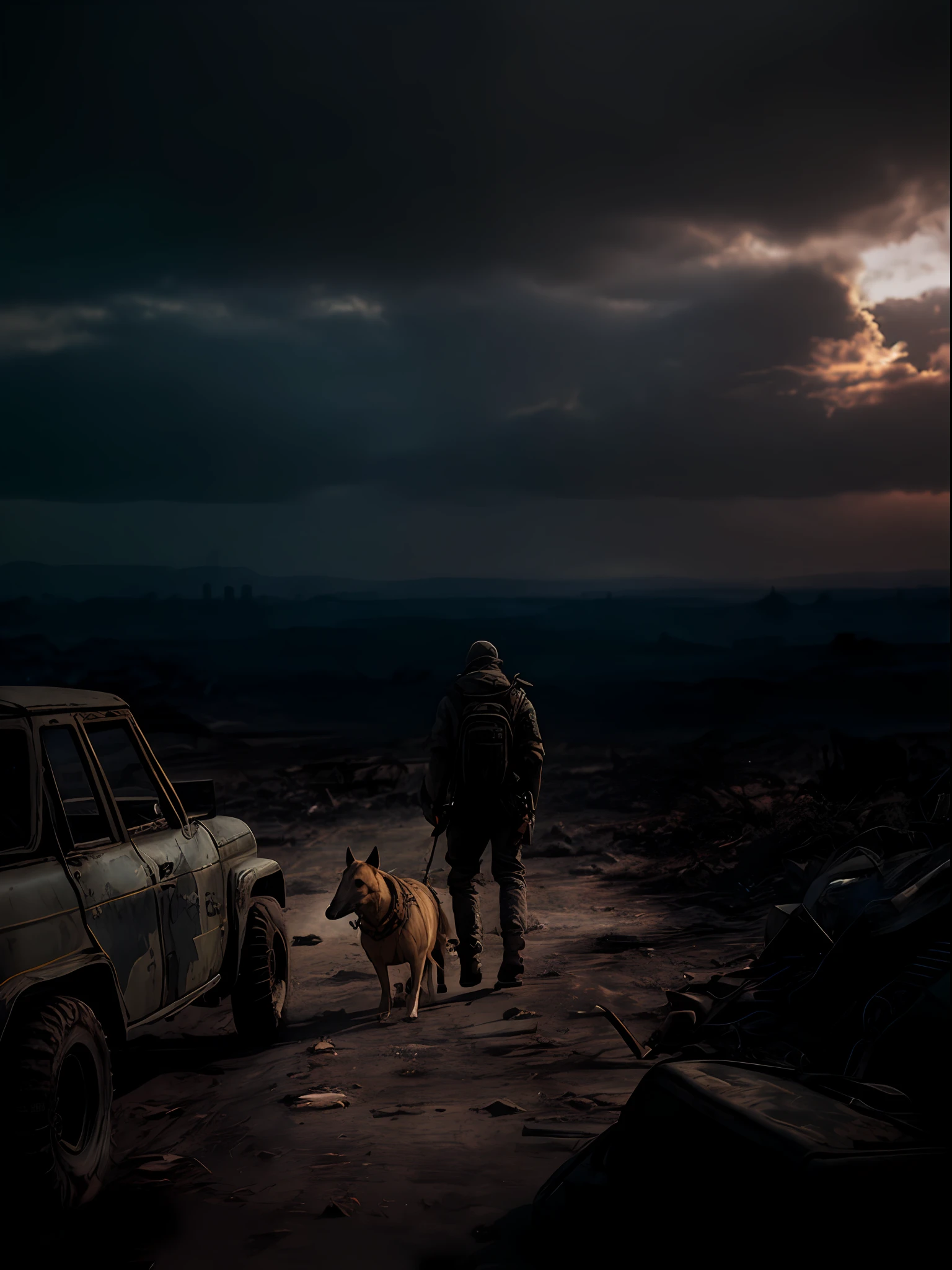arafed man walking with a dog and a jeep in a dirt field, in a post-apocalyptic wasteland, in a post apocalyptic setting, post apocalyptic atmosphere, post apocalyptic scene, post - apocalyptic wasteland, post apocalyptic wasteland, post apocalyptic landscape, realistic apocalyptic war scene, post apocalyptic view, post apocalyptic setting, post apocalyptic world, post-apocalyptic hellscape