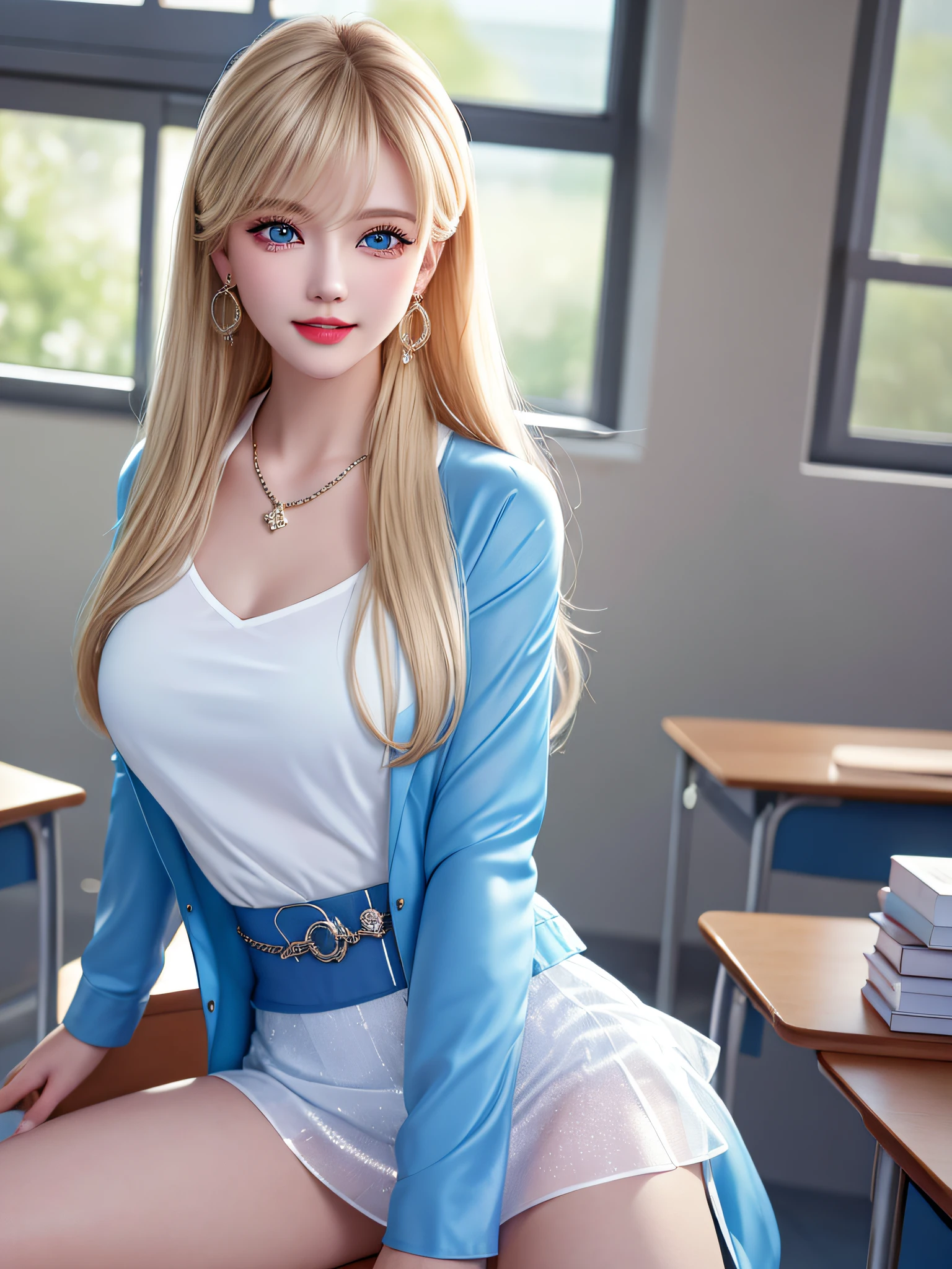 (legs open on classroom chair)), Female Teacher v6, Necklace, Earrings, Full Body V6, Long Gray Hair, Translucent Clothes, Look, Superb, Ultra High Definition, RAW Photography, Realism 1.25), (Bright Lip Gloss, Long Eyelashes, Smooth) Face, Light Bright, Natural Shadows, Wide Light, Wide Light, Depth of Field, Intense Colors, Subtle Caustics: 0.8), Smile, (Big), v6, There are windows showing different buildings in the city (absurdity, high resolution, super detail), smile, (big), v6 ((Adriaan Honnig))) girl with blonde hair and blue eyes, beautiful, thin, sexy pose, back figure, gaze is windowside, ((dark blue jacket front opening, white sheer blouse, white sheer flared skirt))