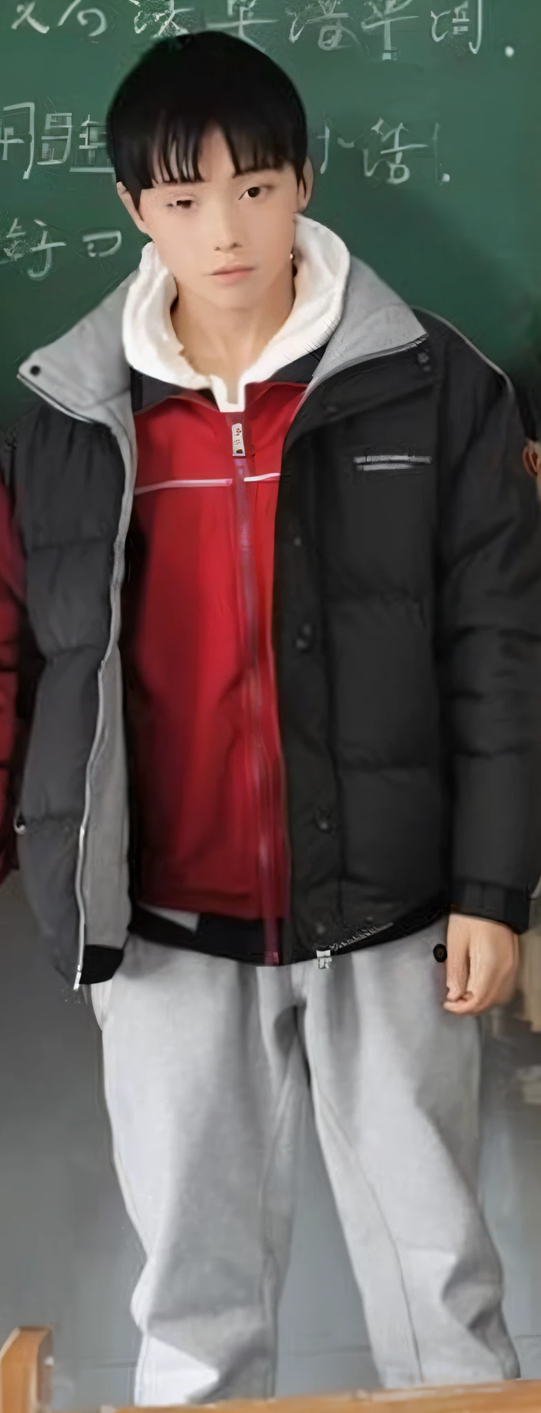 There is a boy standing in front of the blackboard, only black and red, black and red jacket, quality material BSSRDF, down jacket jacket, futuristic inflatable jacket, only red and gray, tracksuit, jacket, Moncler jacket, only black and red!!!, wearing jacket, different colors, Gucci clothes, with tags. High quality