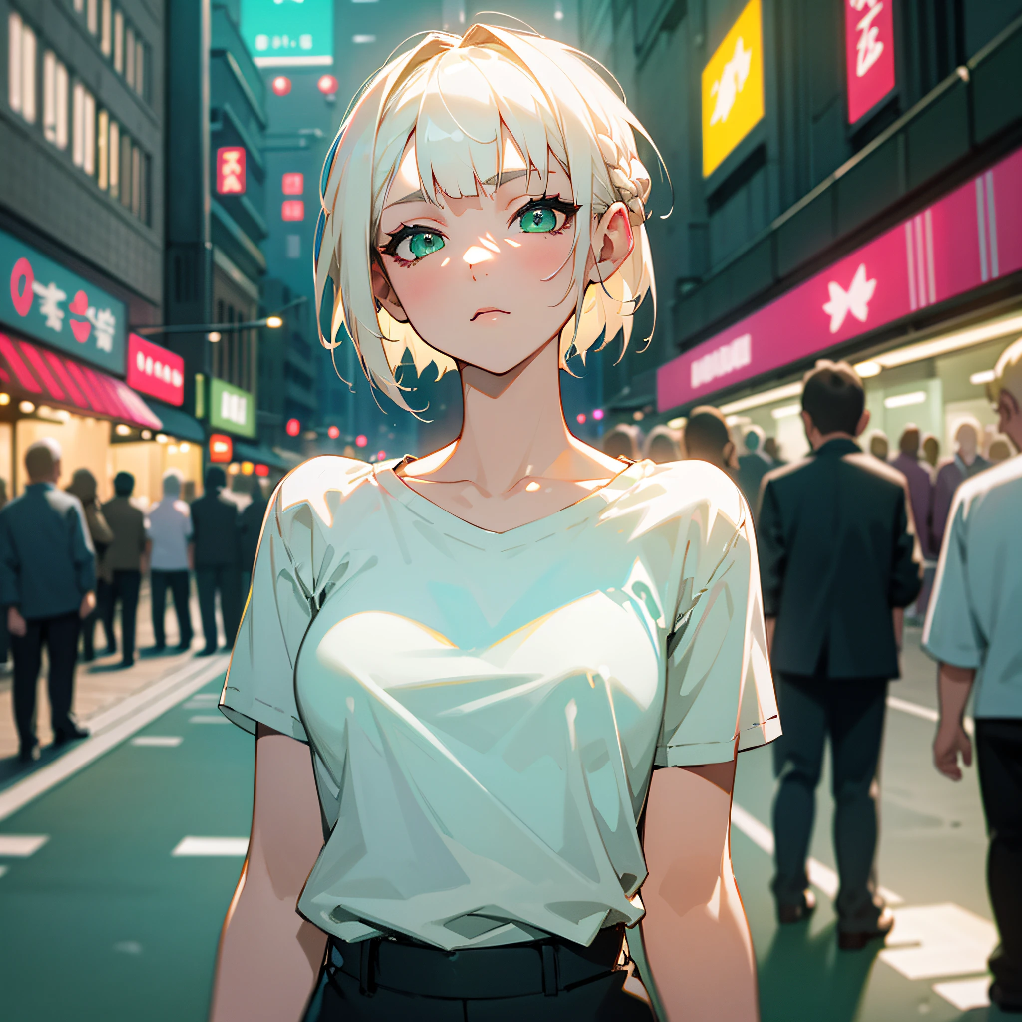 masterpiece, best quality, nsfw, 1girl, platinum blonde hair, short hair, green eyes, braids, small perky breasts, on the street, night, neon light, white t-shirt, braless, black pants, poker face, front view, standing, in crowd, --auto --s2
