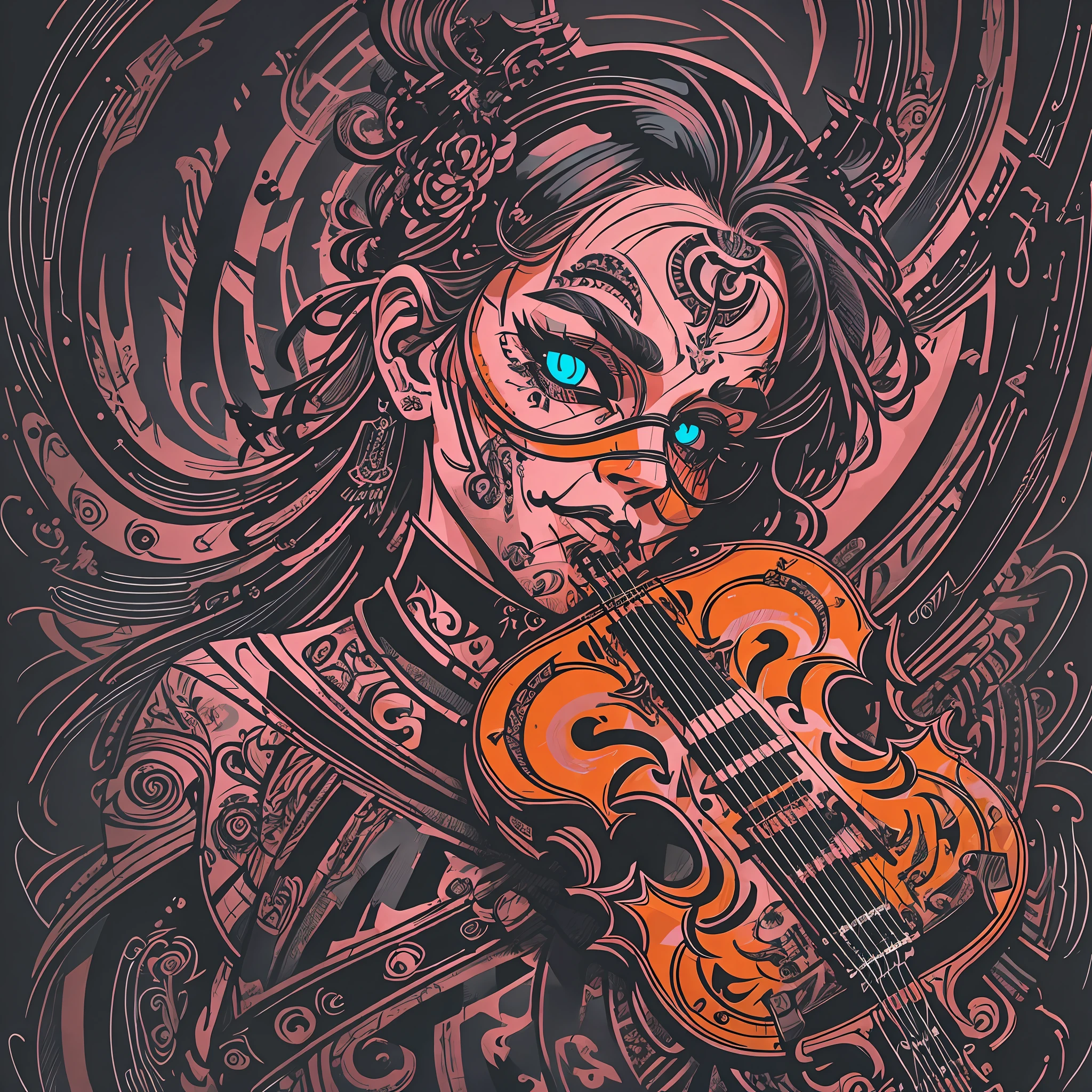 T-shirt art, 2D, ((black background: 1, 5)), vector, vivid colors, violin play, punk style, dystopian stage, masterpiece, best quality, intricate details, perfect symmetrical face, rim light, moonlight, cinematic shading, Greg Rutkowisk --auto --s2