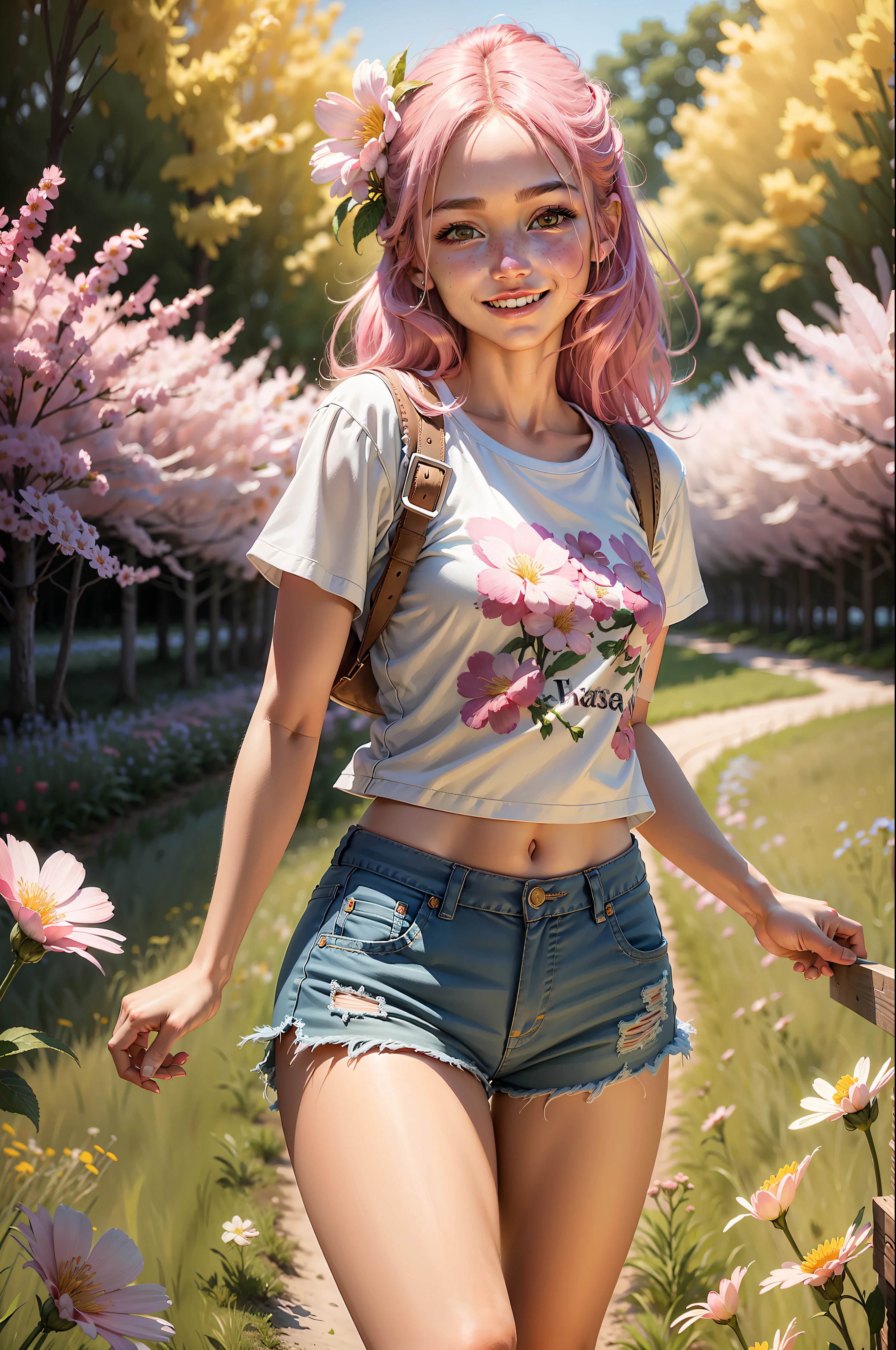 Best quality, masterpiece, ultra high res, (photorealistic: 1.4), raw photo, 1girl, hillbilly style chadrez t-shirt, short shorts, field of flowers in bloom, bright skin, light smile, cherry blossom, digital art, best quality, pink tones, pink flowers