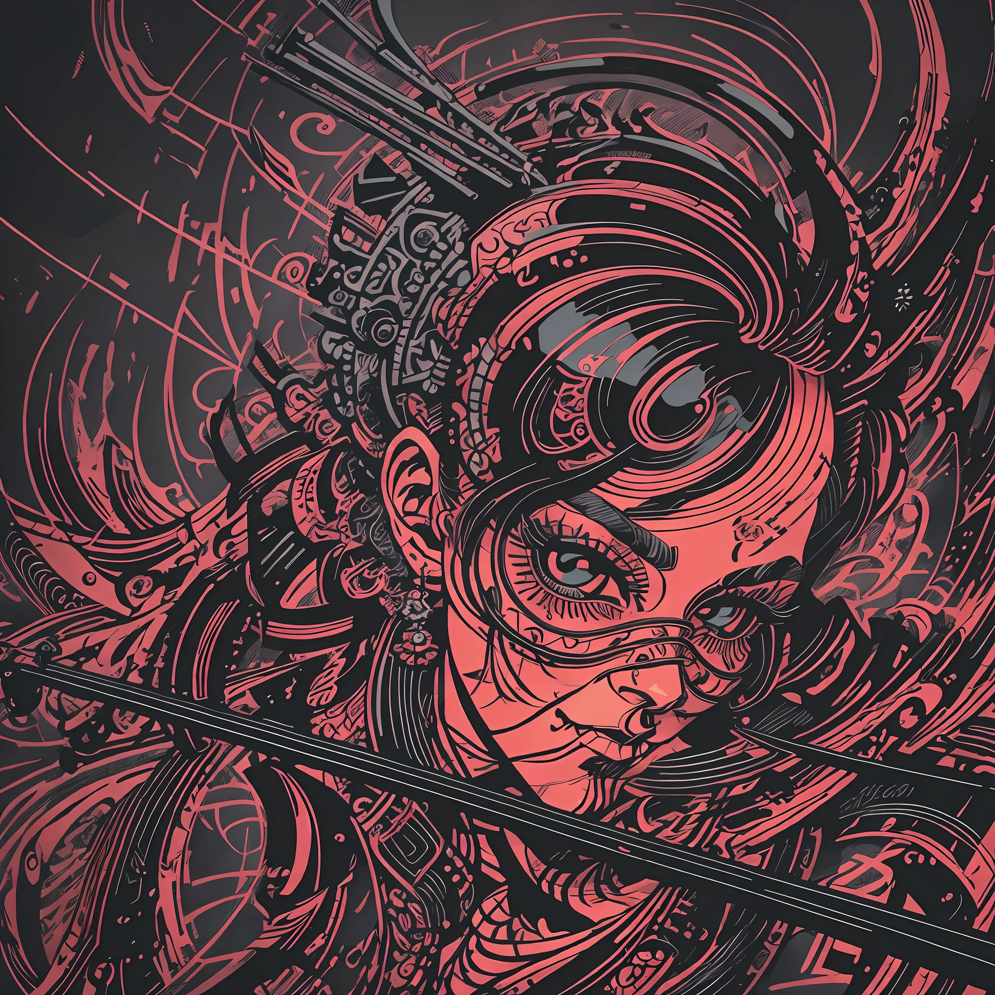 T-shirt art, 2D, ((black background: 1, 5)), vector, vivid colors, violin play, punk style, dystopian stage, masterpiece, best quality, intricate details, perfect symmetrical face, rim light, moonlight, cinematic shading, Greg Rutkowisk --auto --s2