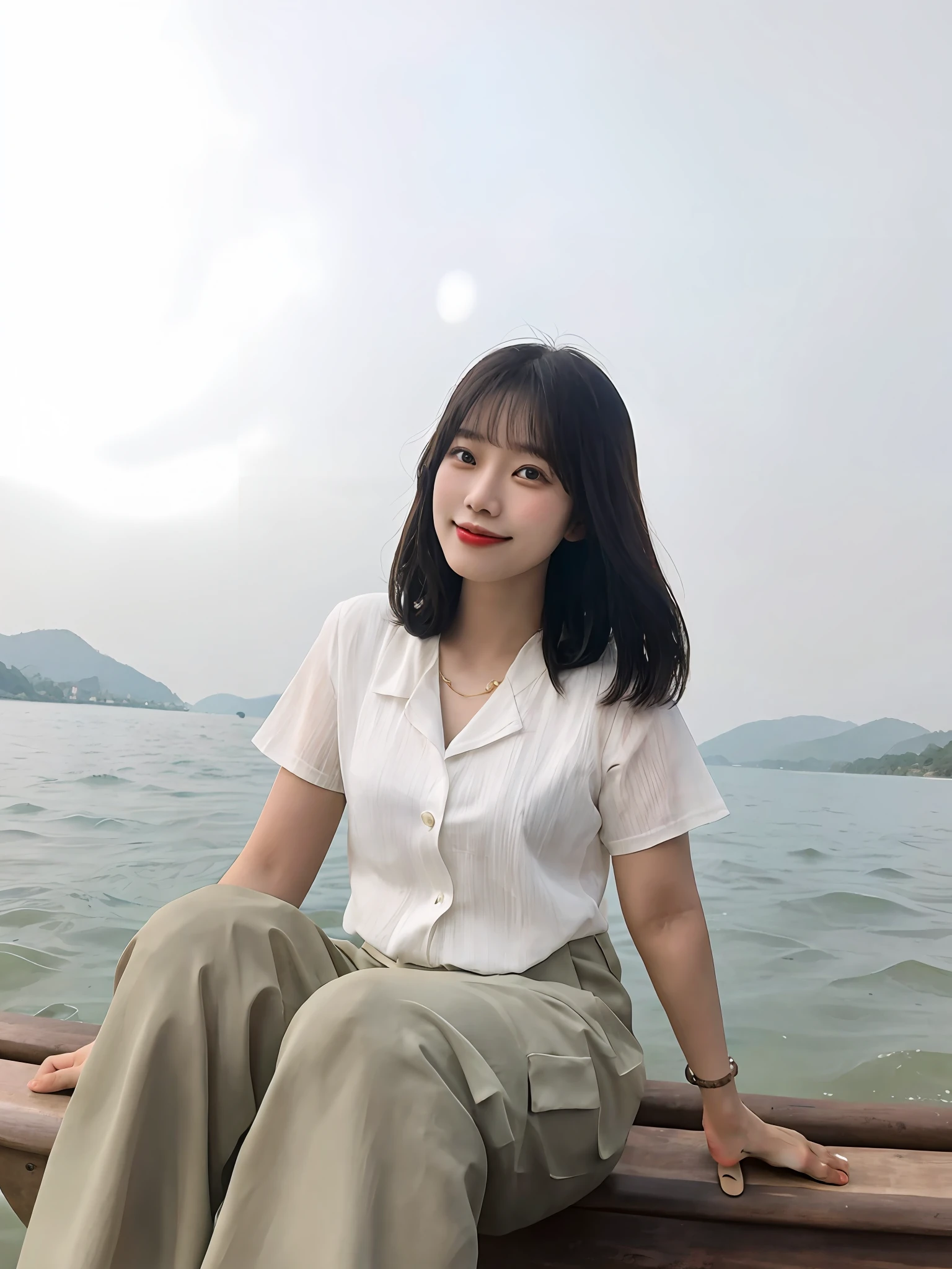 there is a woman sitting on a wooden bench by the water, nivanh chanthara, xintong chen, on a boat, queen of the sea mu yanling, on a boat on a lake, in lake, mai anh tran, joy ang, lake in the background, yun ling, photo of a woman, xiang duan, a young asian woman