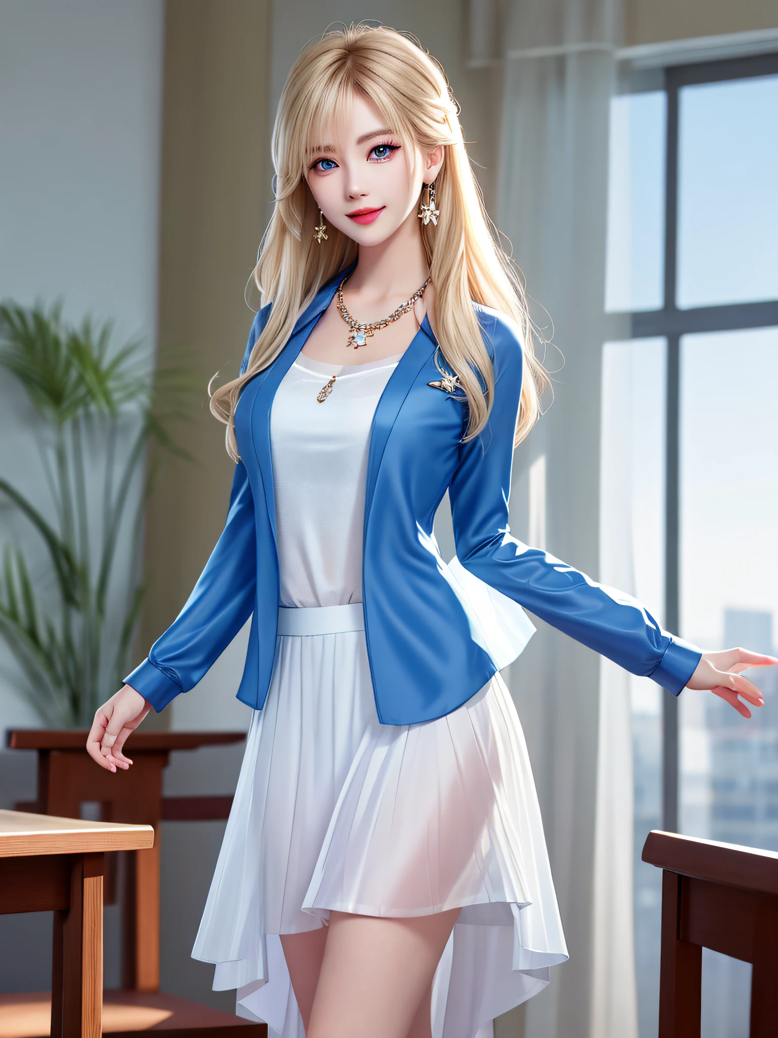 (legs open on classroom chair)), Female Teacher v6, Necklace, Earrings, Full Body V6, Long Gray Hair, Translucent Clothes, Look, Superb, Ultra High Definition, RAW Photography, Realism 1.25), (Bright Lip Gloss, Long Eyelashes, Smooth) Face, Light Bright, Natural Shadows, Wide Light, Wide Light, Depth of Field, Intense Colors, Subtle Caustics: 0.8), Smile, (Big), v6, There are windows showing different buildings in the city (absurdity, high resolution, super detail), smile, (big), v6 ((Adriaan Honnig))) girl with blonde hair and blue eyes, beautiful, thin, sexy pose, back figure, gaze is windowside, ((dark blue jacket front opening, white sheer blouse, white sheer flared skirt))