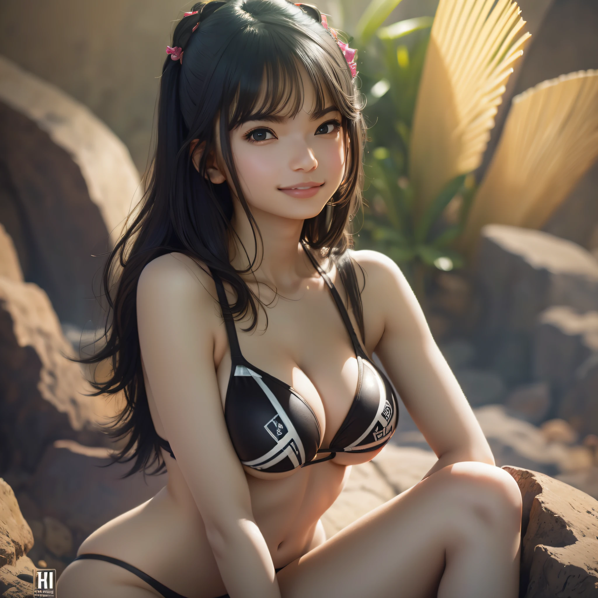 Masterpiece, 1girl, solo, black hair, underboob, light_smile, arms crossed, huge breasts, big ass. photorealistic. micro bikini. invisible bikini.