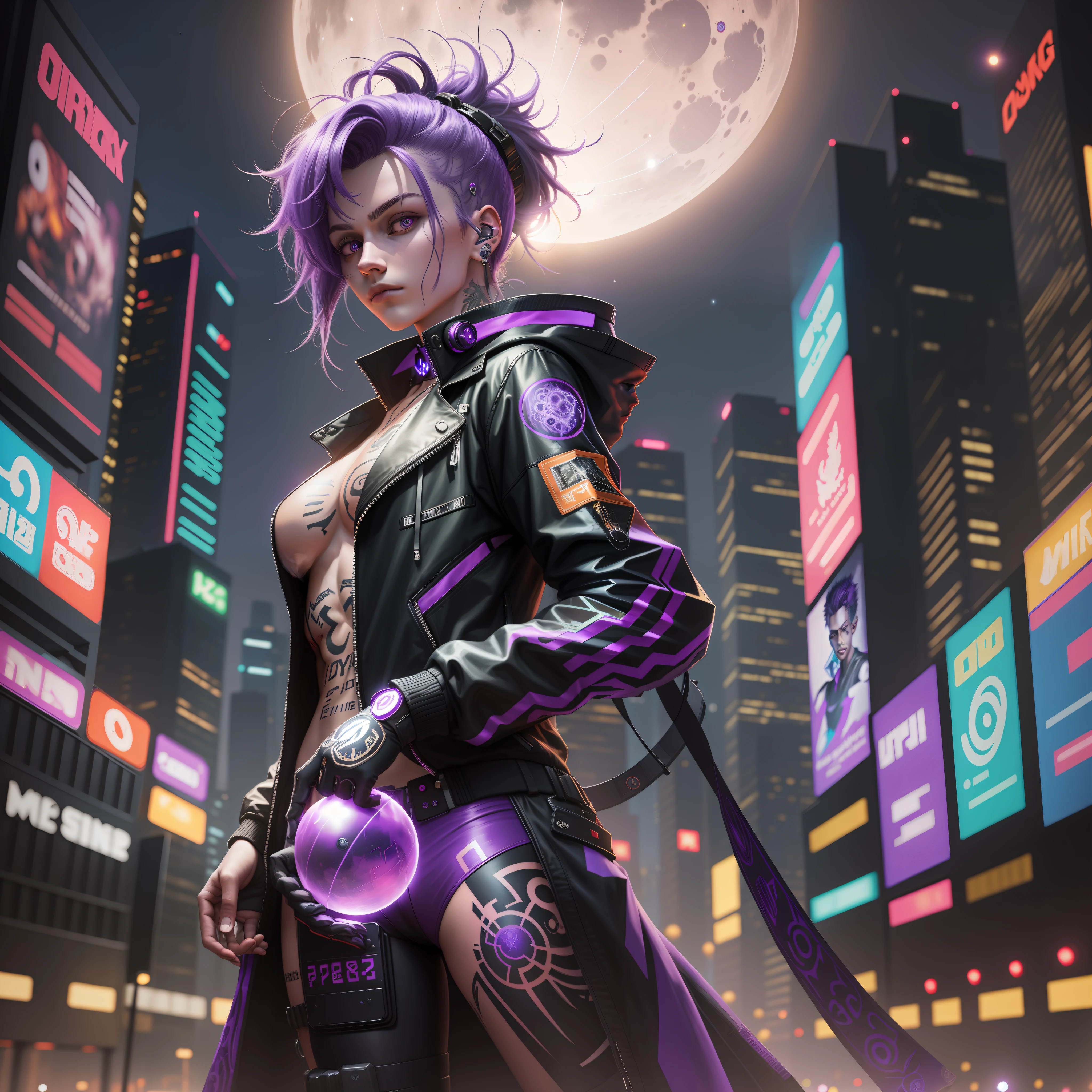 Young 18 years old, with suit, tattoo, with energy sphere in hand, 8k, realistic, cyberpunk city, night, full moon,full body, purple hair, bright colors,