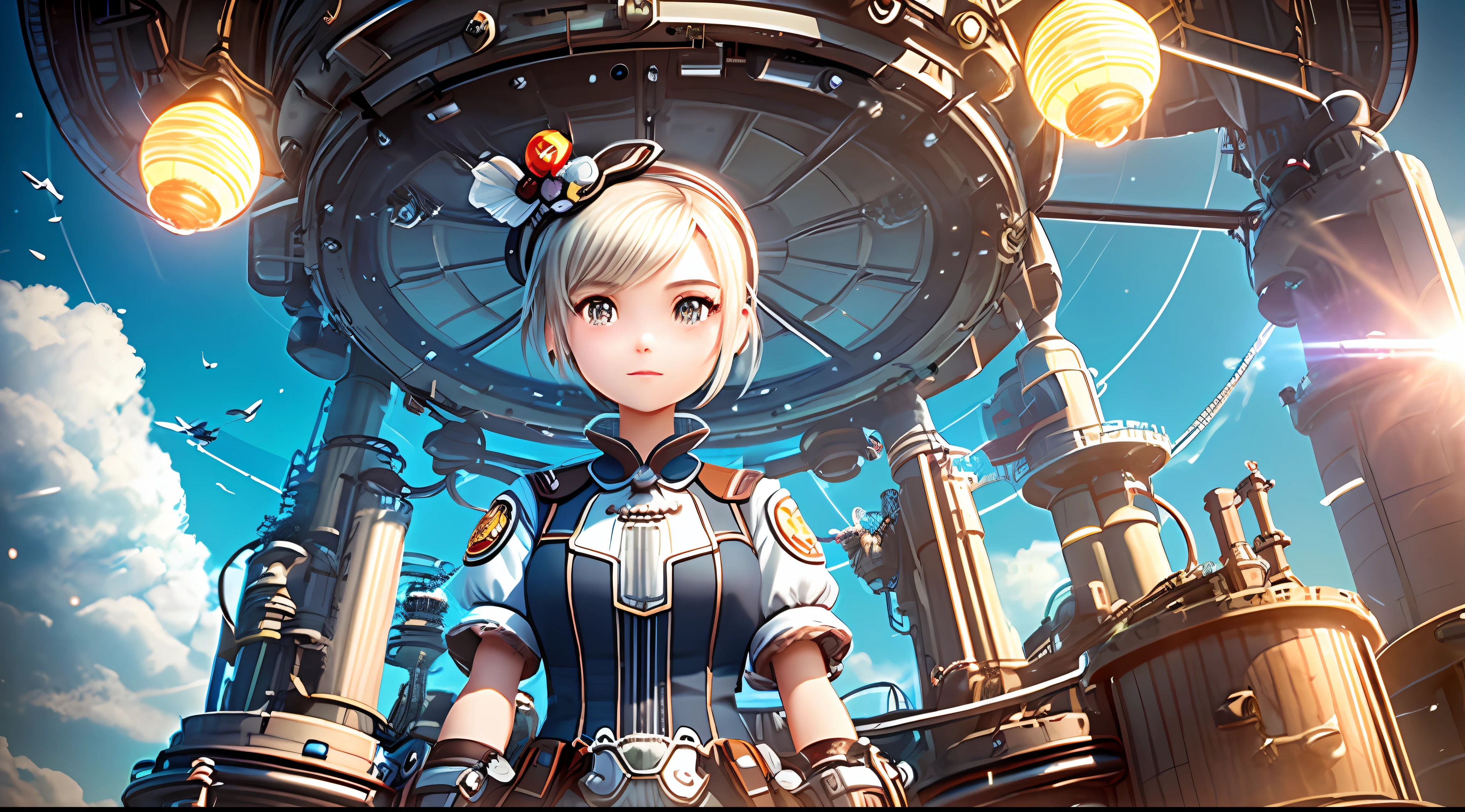 sophisticated mechanical parts,3 D toys bubble ,a white hairs girl in the center,chibi,kawaii,bauhaus,colorful,plastic,product design,glowing jelly,Global Illumination,awesome Lighting,3 D,digital art,close-up.3 d,super detailed,no boundary line,C4D,octane rendering,Blender,HD,full body,simple background
