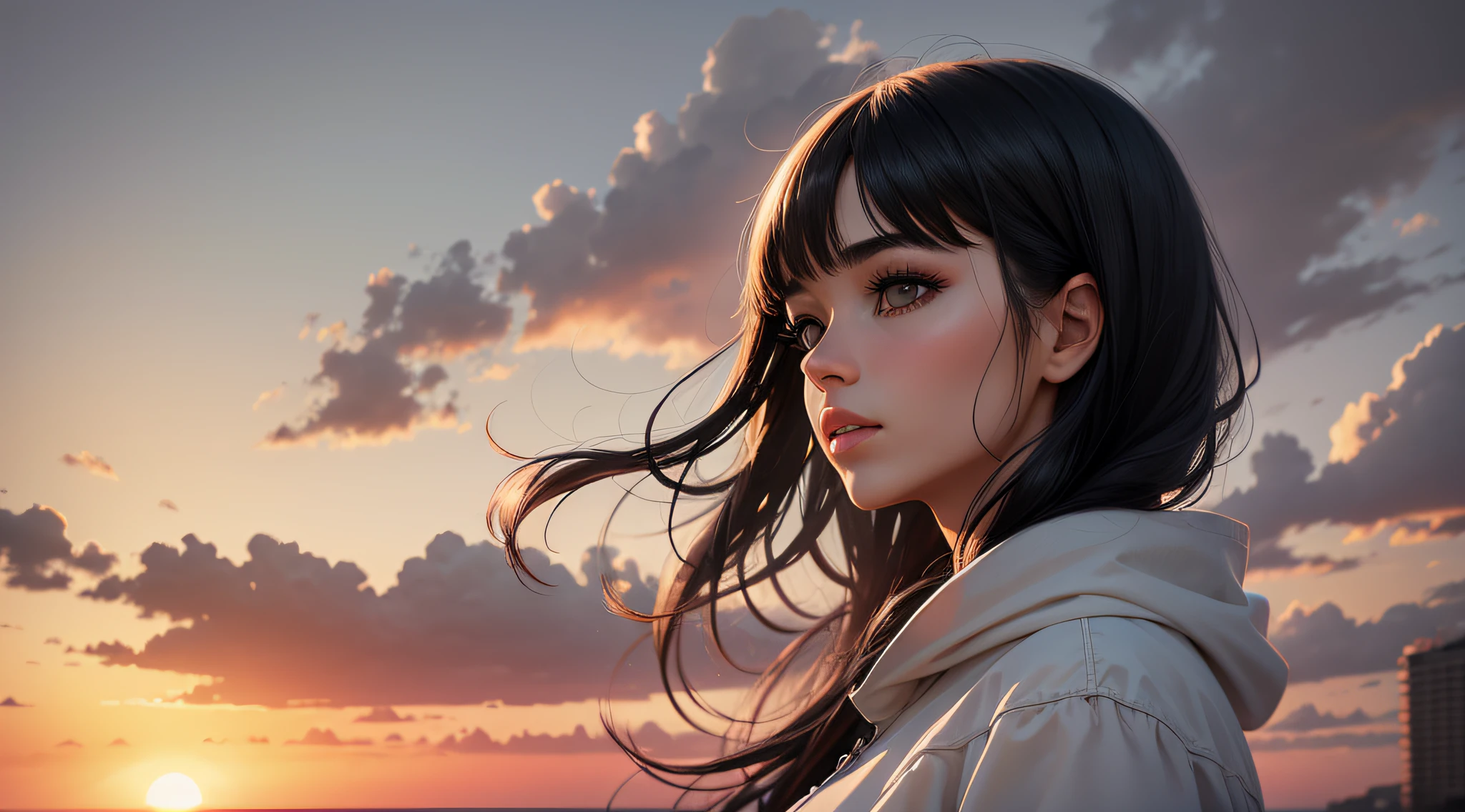 woman, white, with black hair, looking at the sunset --auto --s2