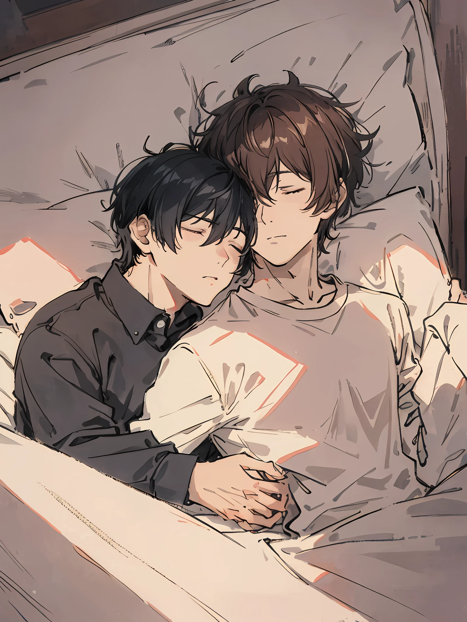Two guys lying together, romantic, closed eyes