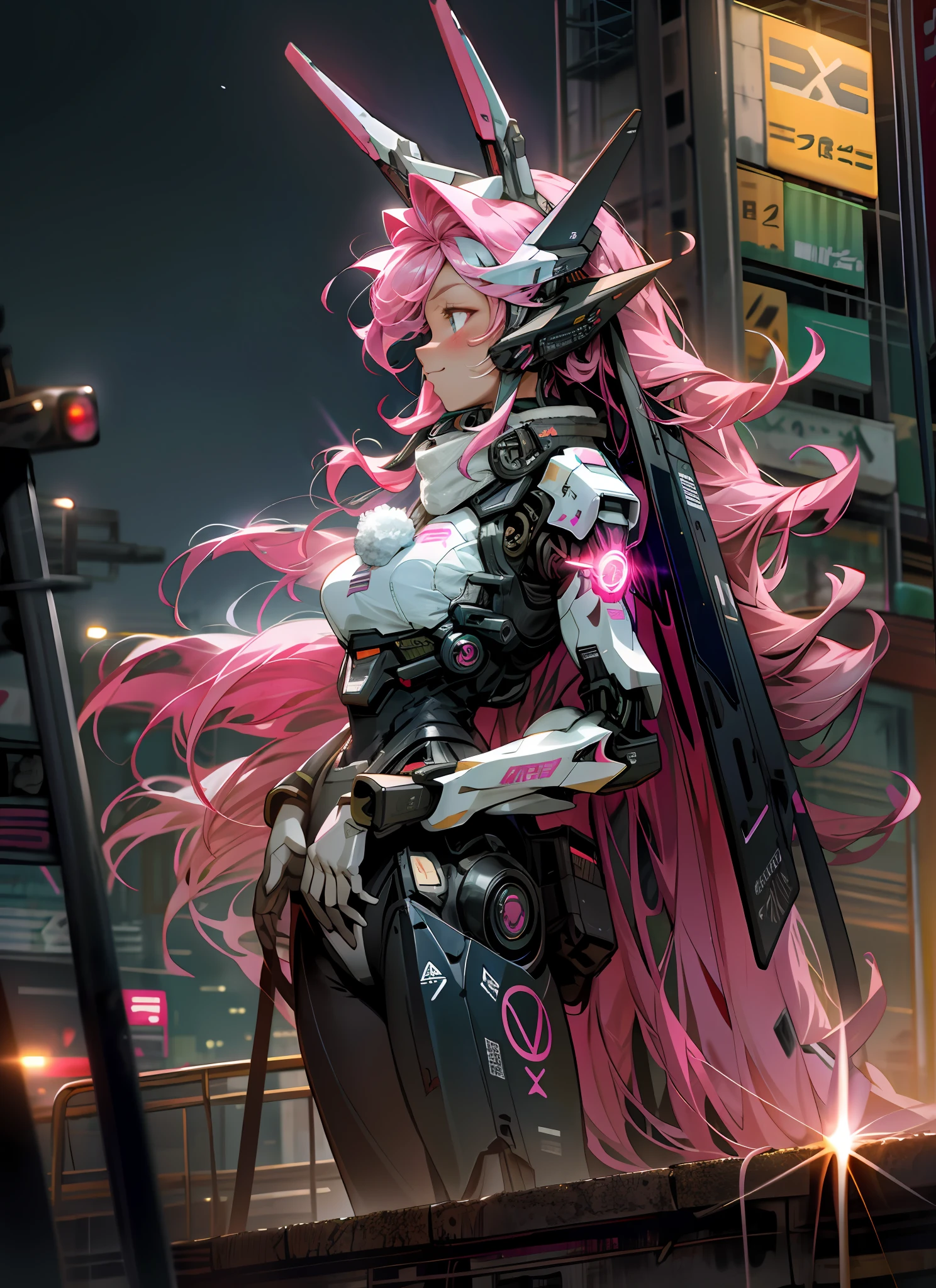 Cosmos, Meteor, Glow, Robot, Mecha Maiden, Pink Hair, Rabbit Ears, Big Breast, Building, glowing_eyes, Mecha, Science Fiction, City, Reality, Mecha