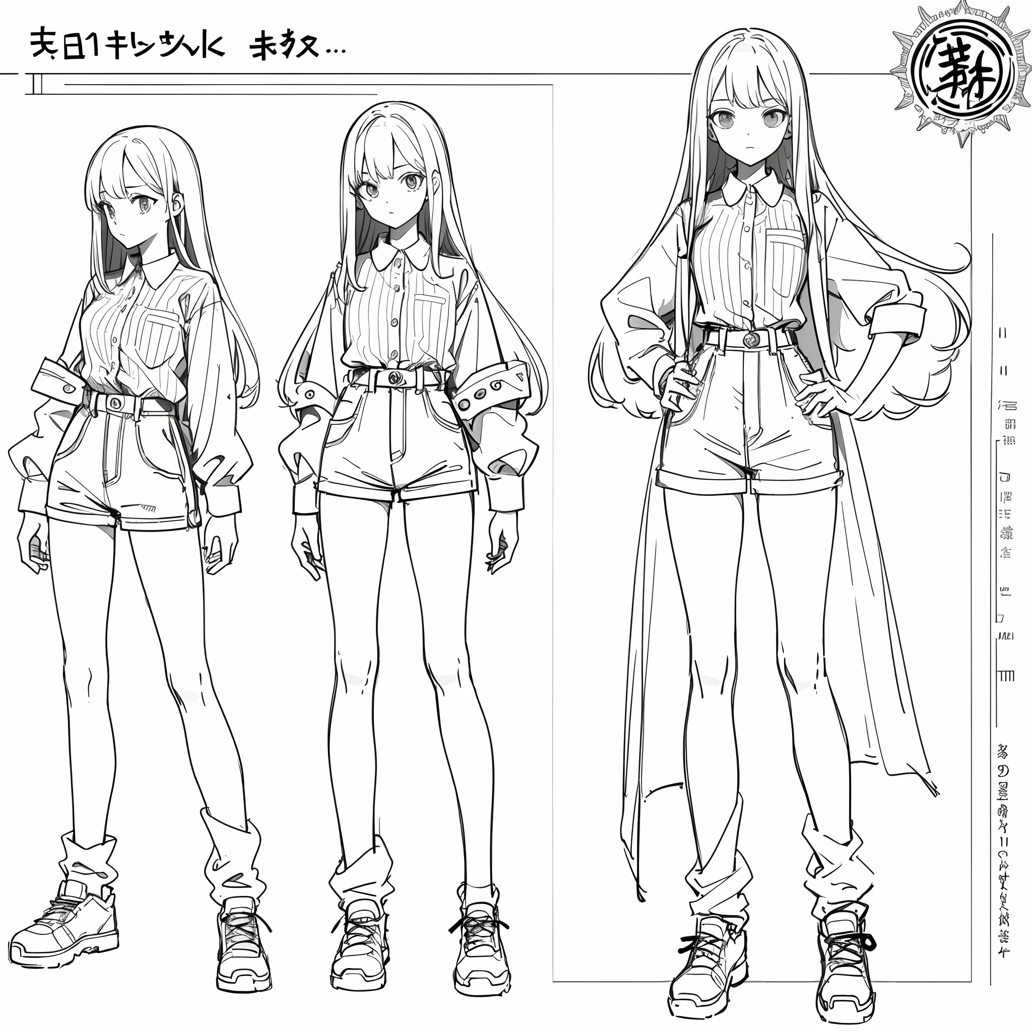 (masterpiece, best quality) detailed, sober girl, tall, drawing reference, reference, lineart, sketch, casual clothes, a short and a shirt, hips, long hair (character design sheet, same character, in dynamic poses)