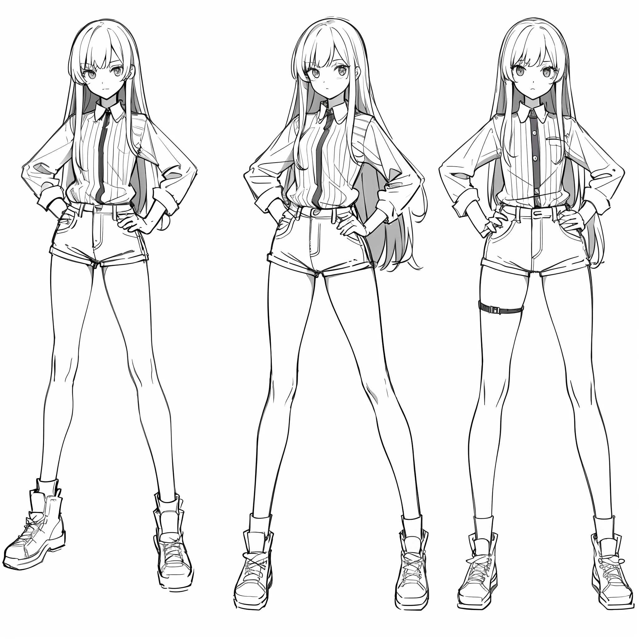 (masterpiece, best quality) detailed, sober girl, tall, drawing reference, reference, lineart, sketch, casual clothes, a short and a shirt, hips, long hair (character design sheet, same character, in dynamic poses)