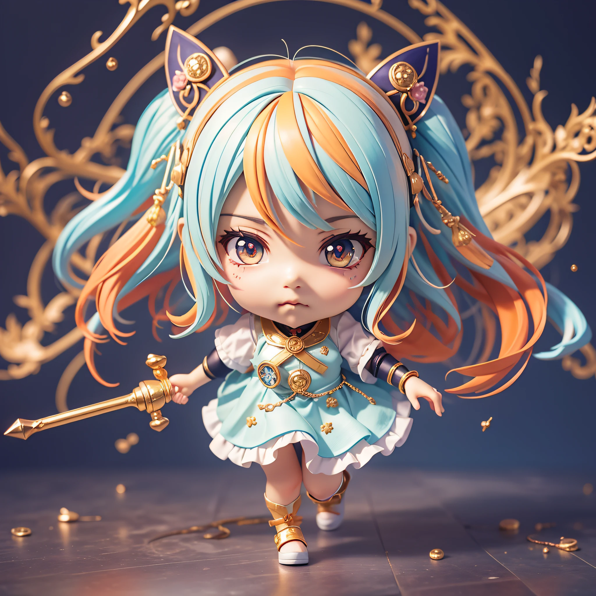 Girl Anime Figure, 3d Rendering by Hitoshi Homura, Trending with Polycount, Conceptual Art, Anime Style 3D, Stylized Anime, Cute 3D Anime Girl Rendering, Anime Girl Running, Anime Moe Art Style, Style as Nendoroid, Cute 3D Rendering, Anime Stylization, Anime girl with orange hair, anime girl running, young anime girl, chibi anime girl, cute!! Chibi!!!, anime girl, witch, girl in uniform, chibi girl, cute anime girl, anime chibi, cute anime girl portrait, anime girl, cute witch, anime girl with medium long hair, female anime character with orange hair, little devilish eyes, little devil tsundere, posing in white dress, chibi, Chibi cute, chibi, mini size, pretty girl, 2nd class, 3rd life, wizard girl, silver bracelet, silver accessories, silver ring, magic wand, gold wand, little tsundere, mouth looking a little angry, eyes looking a little angry, mouth slightly pursed, full body figure, full body, chibi figure, minifigure, turquoise cane, turquoise wand, magic wand, magical girl, mini size, mini