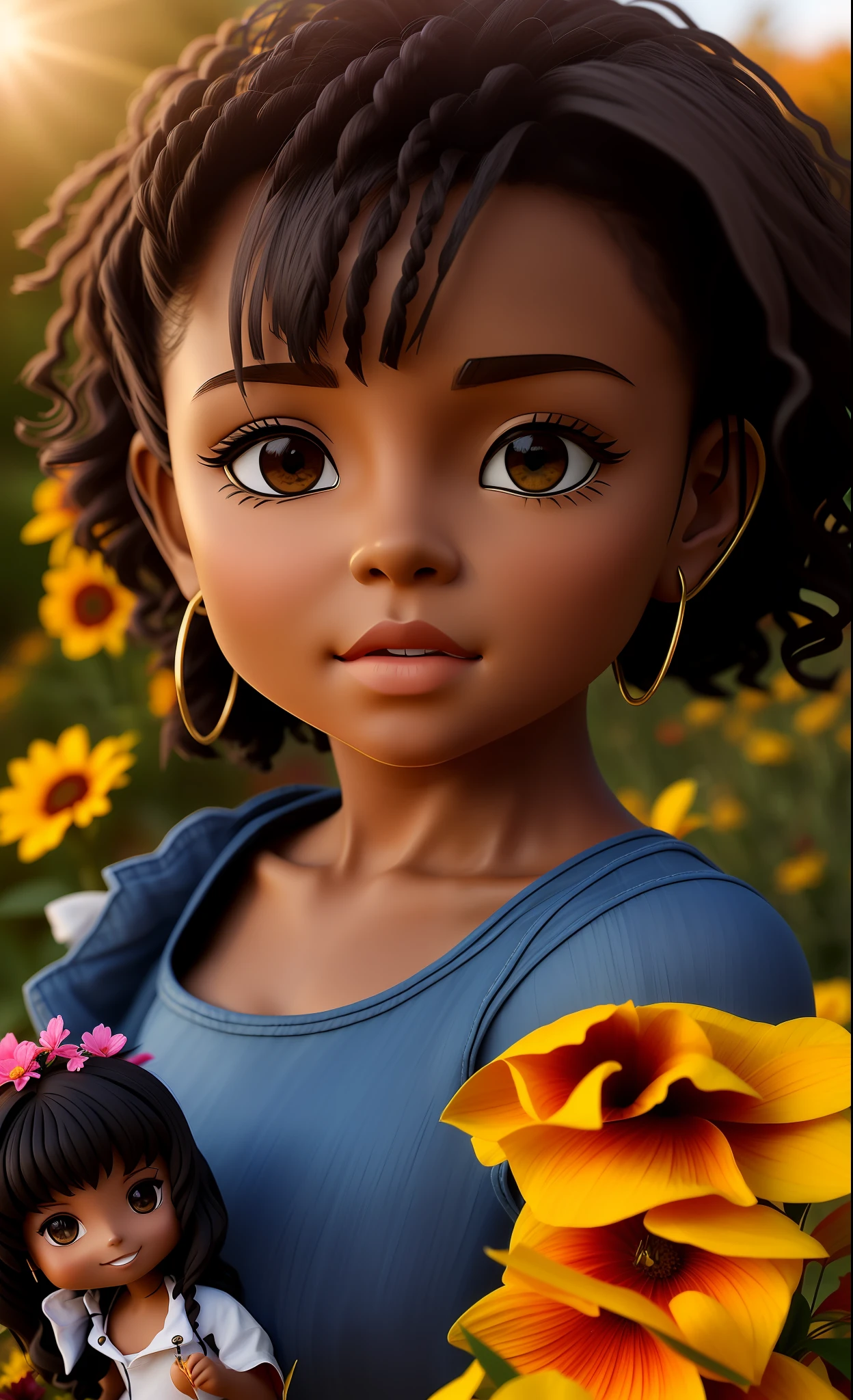 3d chibi of 1girl, ((solo))), ( long messy curly hair, smiling
happy, African-American, kind eyes;1.15), wearing T-shirt and jeans, high-heeled shoes, sculptural model body, late afternoon
autumn, flower garden, warm and soft light, flowers being
blown away by the wind, motion blur lens