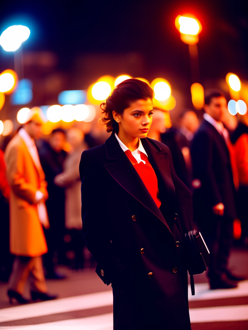 Street photographers, a beautiful woman in high fashion, in the style of Eric Pare in motion, many people on the background, film photography, 35mm f/1.4 lens, cinestill 800