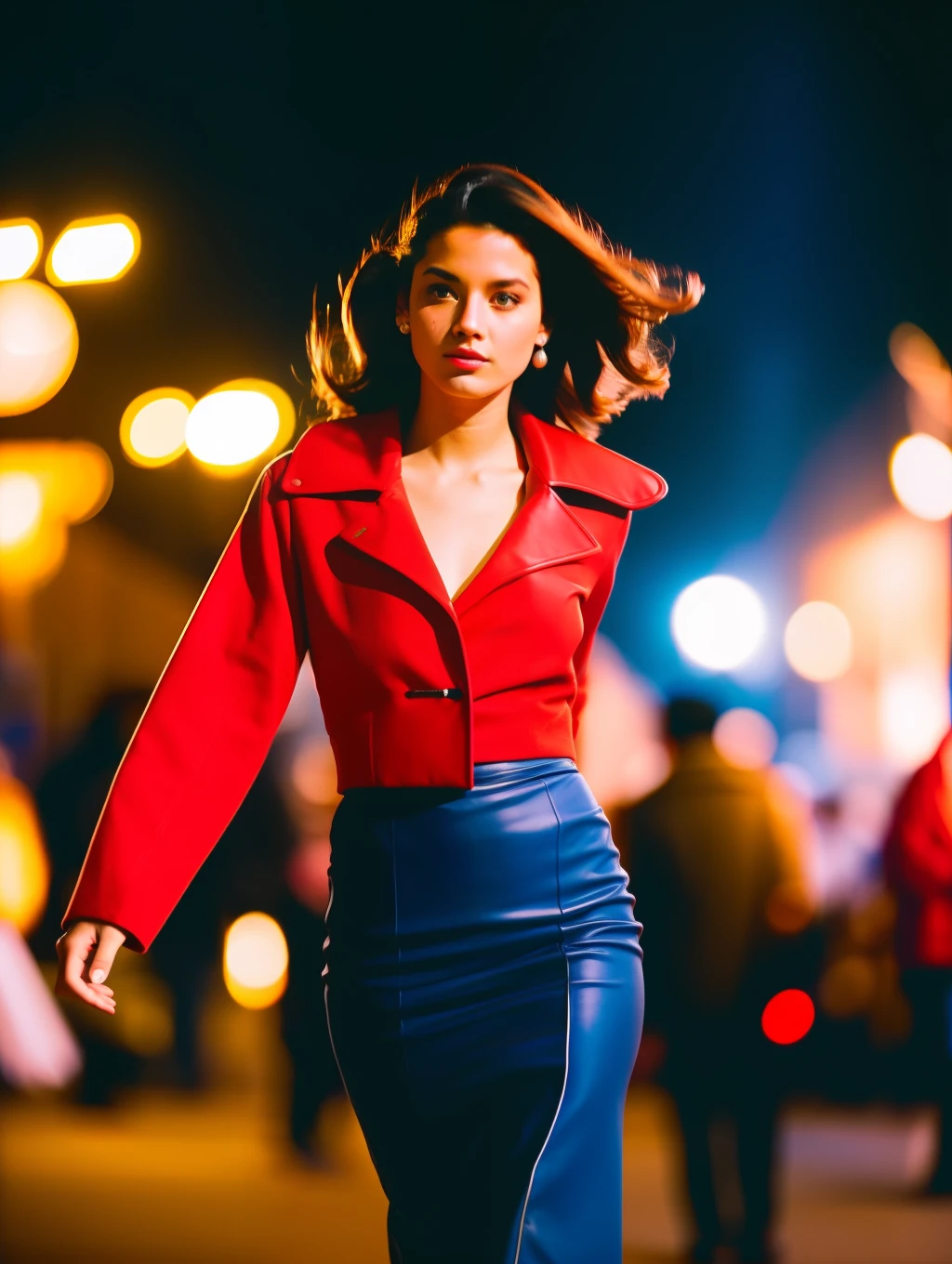 Street photographers, a beautiful woman in high fashion, in the style of Eric Pare in motion, many people on the background, film photography, 35mm f/1.4 lens, cinestill 800