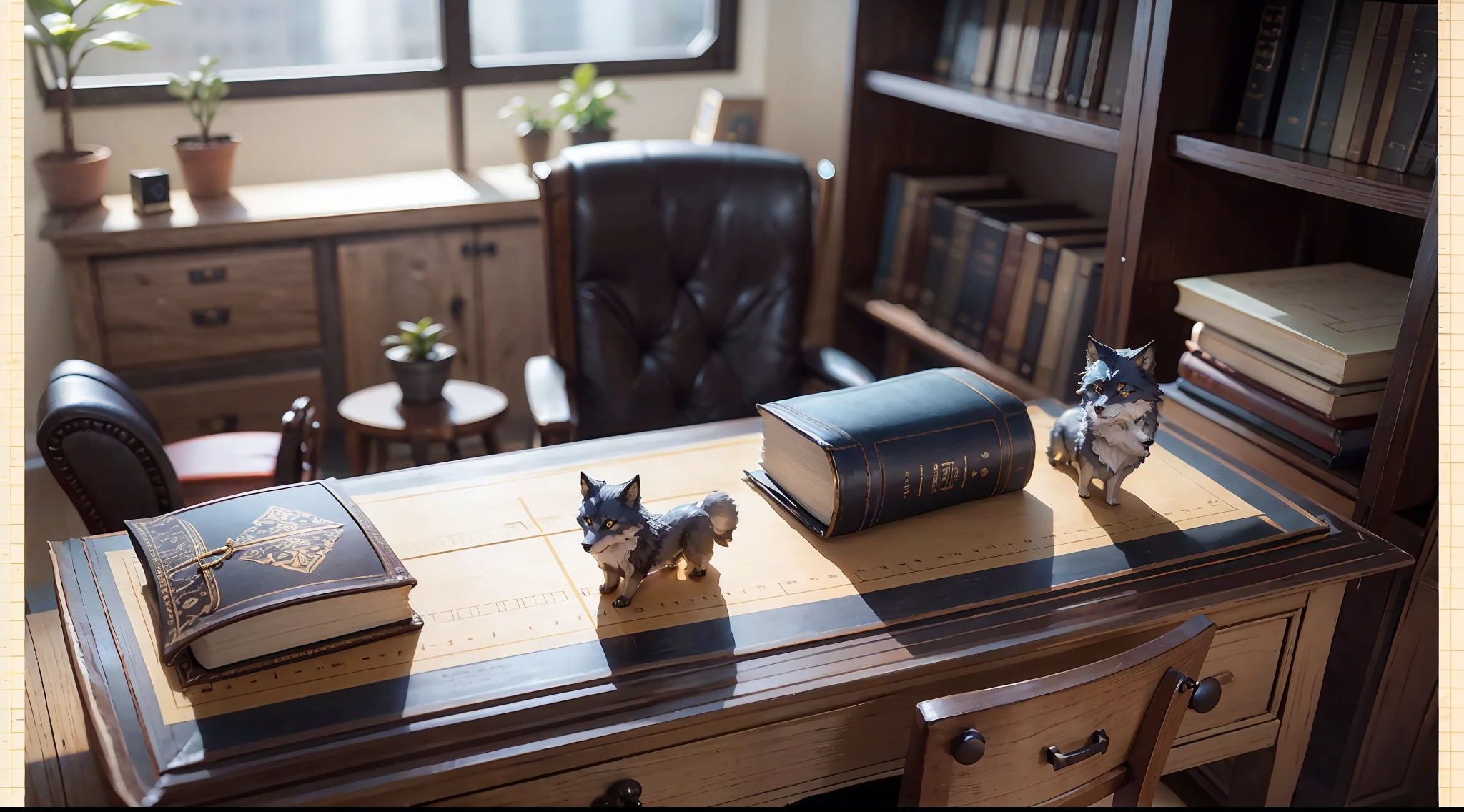 A group of 5cm long pocket wolves on desk, book, ruler, look at me, super fine, 16k resolution, master work, overhead lens, dynamic viewing angle