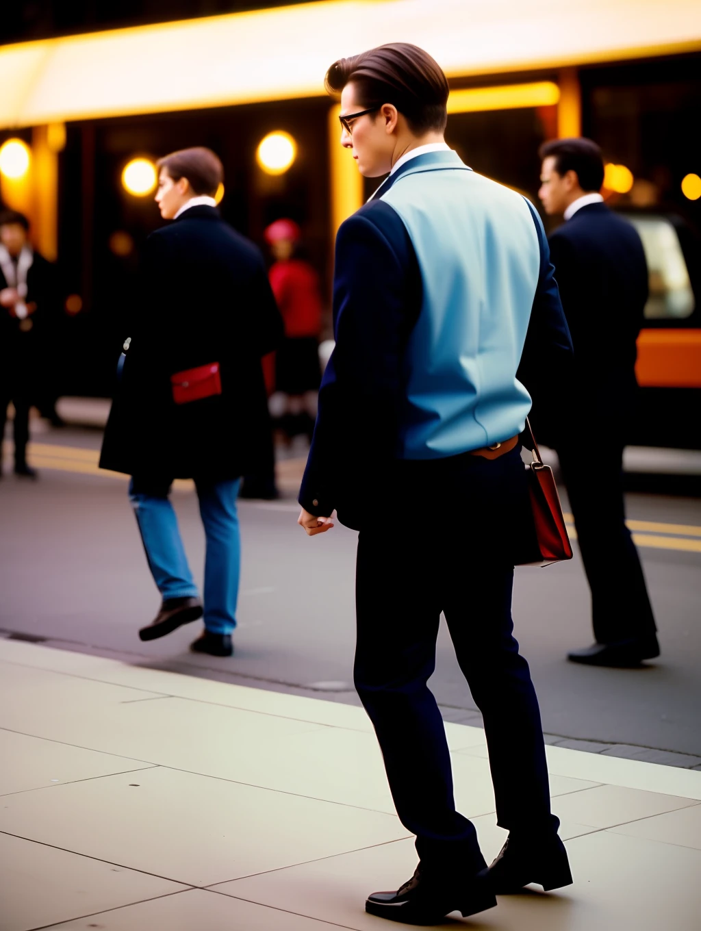 Street photographers, a beautiful woman in high fashion, in the style of Eric Pare in motion, many people on the background, film photography, 35mm f/1.4 lens, cinestill 800