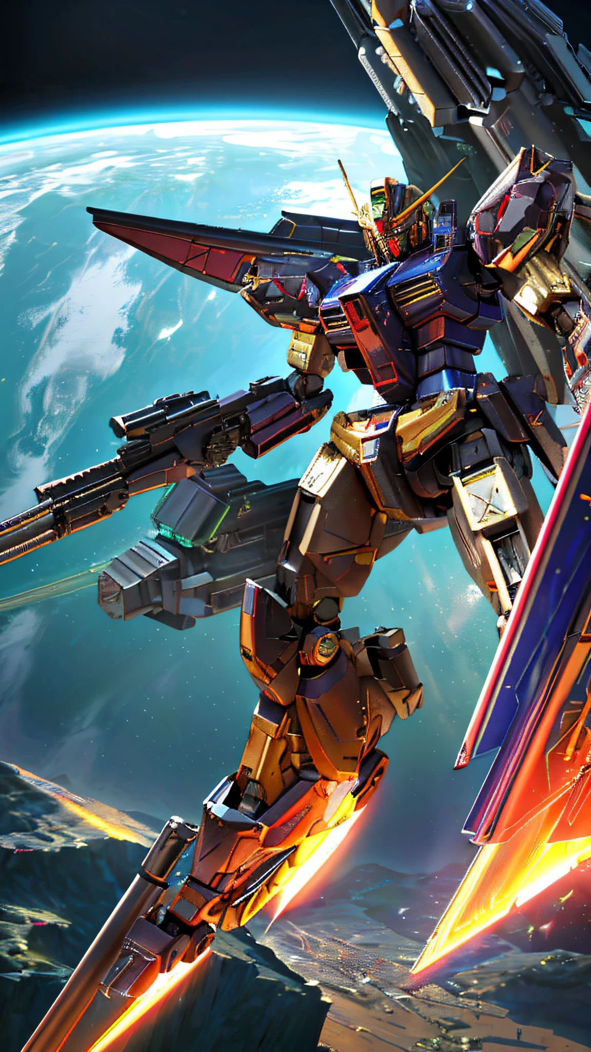 a robot, best quality,highly detailed, ultra-detailed, masterpiece, 8k wallpaper, (very large mecha:1.2) , sci-fi guns ,realistic guns, machine guns, bad anatomy, (Axisymmetric:1.4),(HDR), (cinematic light:1.1) , space, absurdres, highres, super fine illustration, absurdres, solo, game cg, lord, at night, (Robot flying in the space:1.5), (detailed beautiful face and eyes:1.0), command spell, macha face, mask, mechanical parts, robot joints, full armor,(huger body:1.3),glowing eyes, mecha, holding weapon,(holding huge weapon:1.5), holding Very large shield, (long leg), science fiction, fire, laser canon beam, war, conflict,