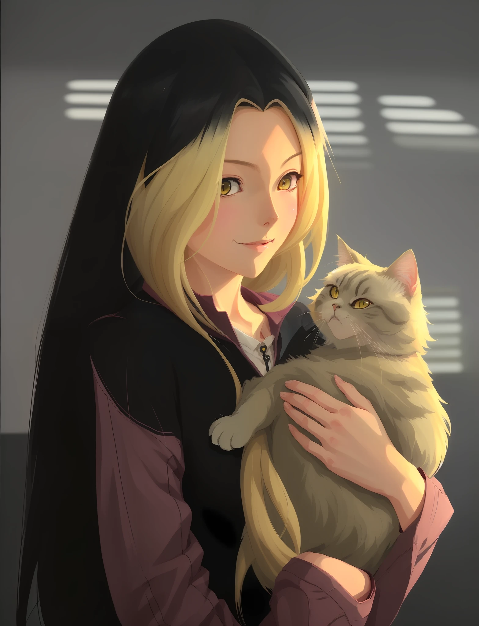 There is a woman holding a cat in her arms, made in the anime painter studio, kawaii style artwork, beautiful anime catwoman, drawn in the anime painter studio, Artgerm and Atey Ghailan, cute digital painting, very beautiful kawaii cat girl, soft anime illustration, anime cat, long-haired Ilya Kuvhinov