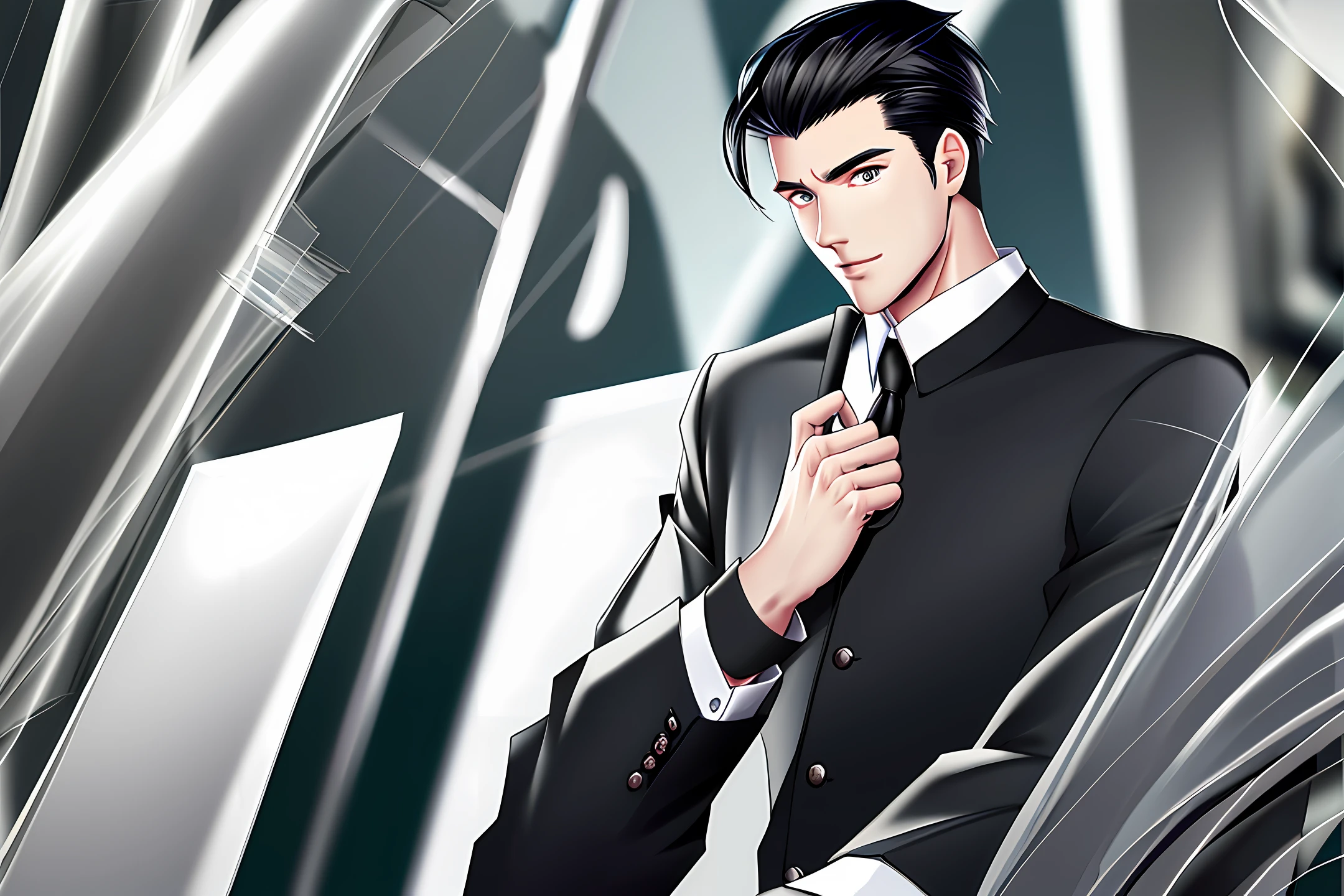 black slicked back haired, semi realistic boy, black collar shirt, around 20-23 years old