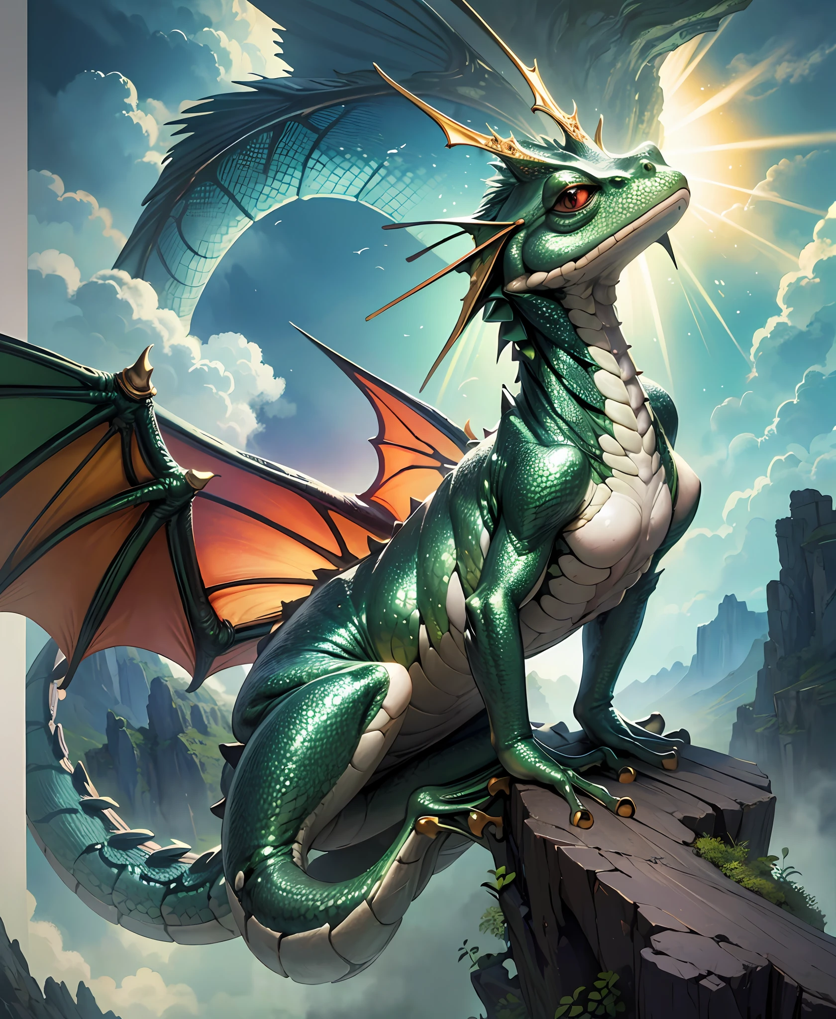 Super detailed, natural, mythical metamorphosis, the frog transforms into a mighty dragon, the dragon stands on a rock or a towering hill, resembling a towering tree. Highlighting the reflections on the dragon's scales with light and detail, the dragon's eye emphasis can add to the mythological feeling. The wind is blowing, the clouds are entangled, and the dragon is still leisurely.