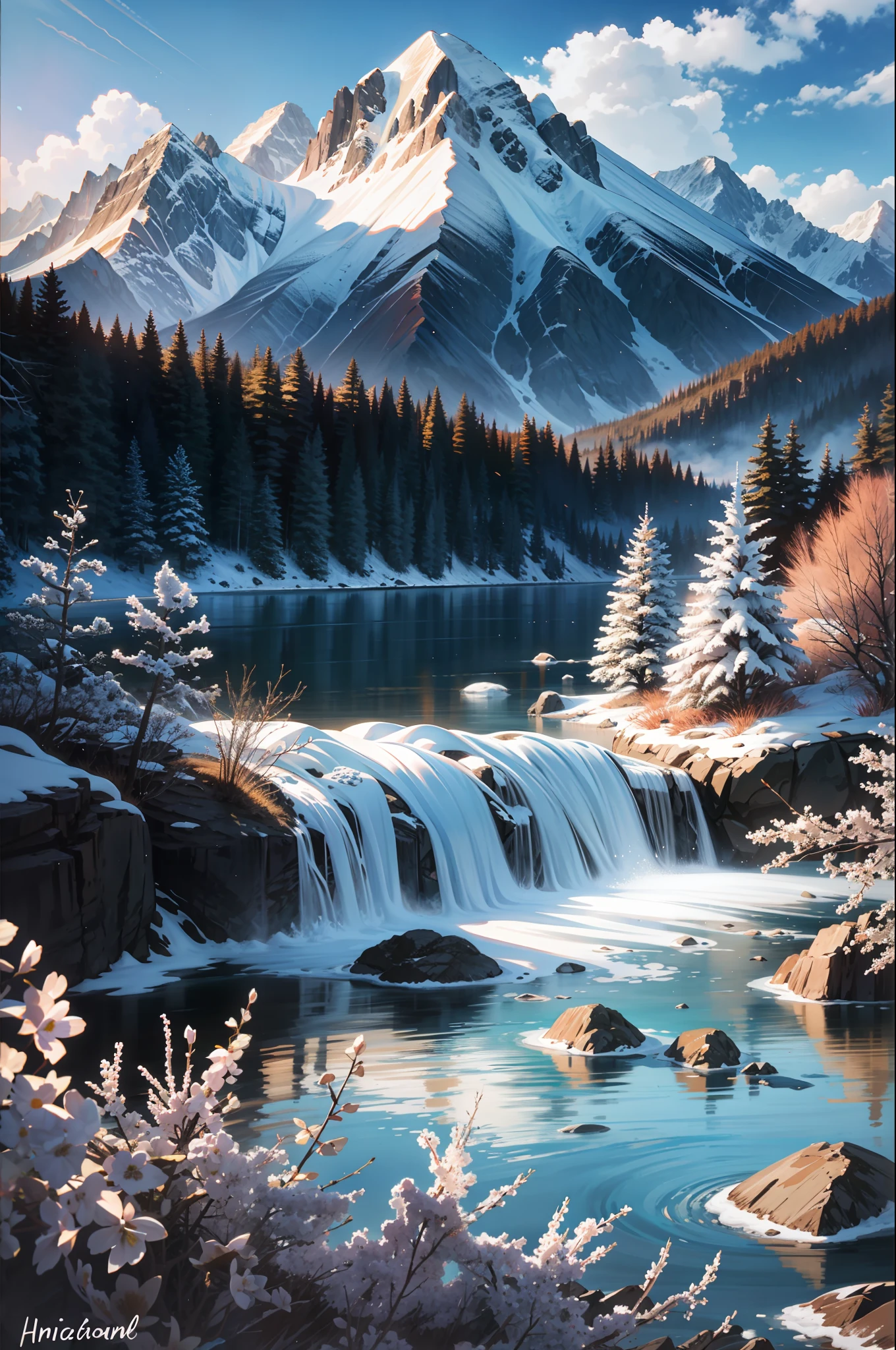 white background, scenery, ink, mountains, water, trees