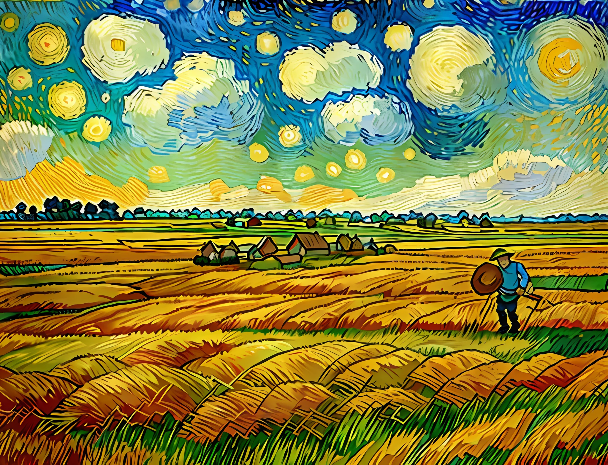 A painting of an old peasant in a straw hat walking through a field in sky background, Van Gogh style, Van Gogh style, inspired by Vincent van Gogh style, Van Gogh style, inspired by Van Gogh, inspired by Vincent di Destiny, Van Gogh, inspired by Vincent Peppi, Van Gogh style, Vincent van Gogh, wheat field, wheat, distant mountains, sunlight, white clouds, rivers