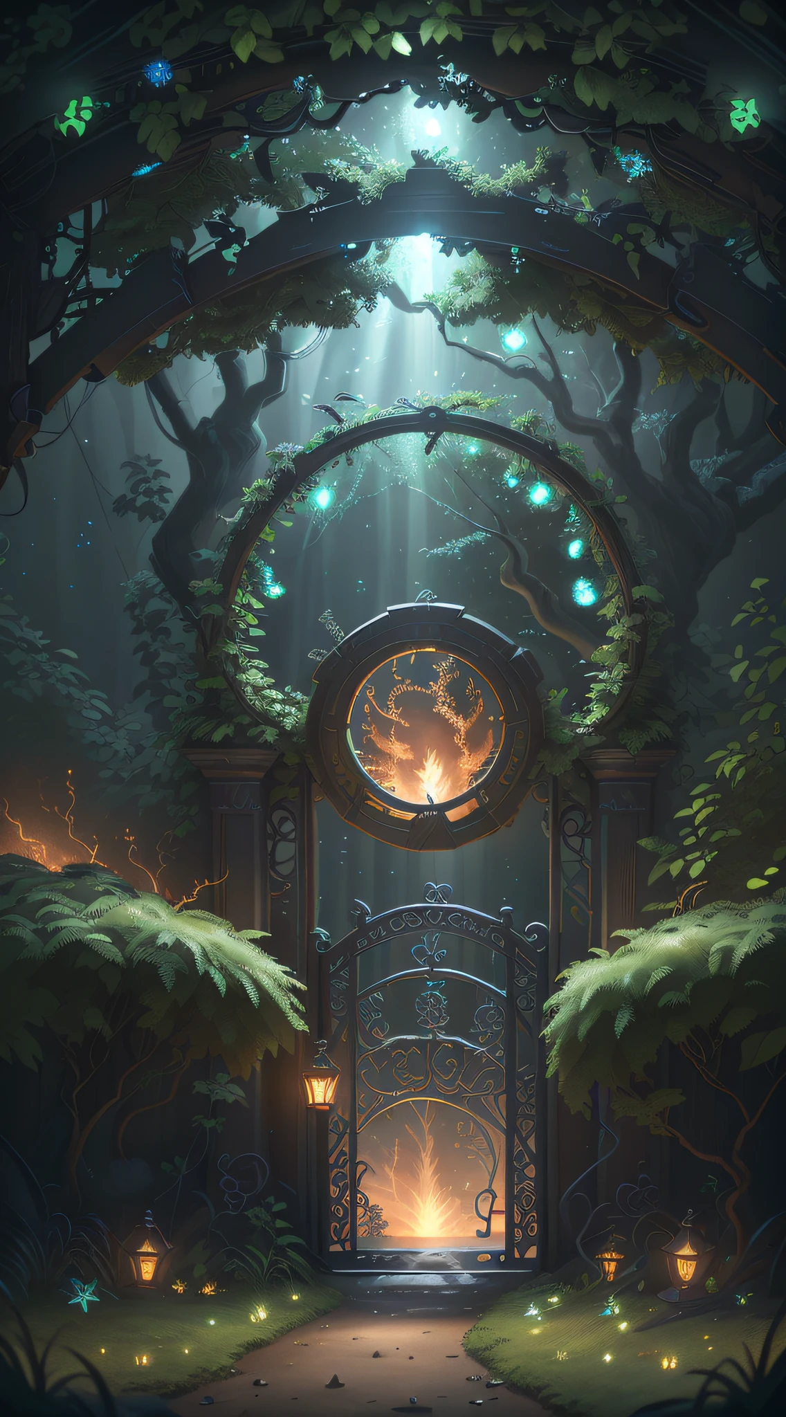 (Digital Artwork:1.3) of (Sketched:1.1) octane render of a mysterious dense forest with a large (magical:1.2) gate (portal:1.3) to the eternal kingdom, The gate frame is designed in a round shape, surrounded by delicate leaves and branches, with fireflies and glowing particle effects, (UI interface frame design), (natural elements), (jungle theme), (square), (leaves) , (twigs), (fireflies), butterflies, (delicate leaves), (glow), (particle effects, light engrave in intricate details, (light particle:1.2), (game concept:1.3), (depth of field:1.3), global illumination,Highly Detailed,Trending on ArtStation