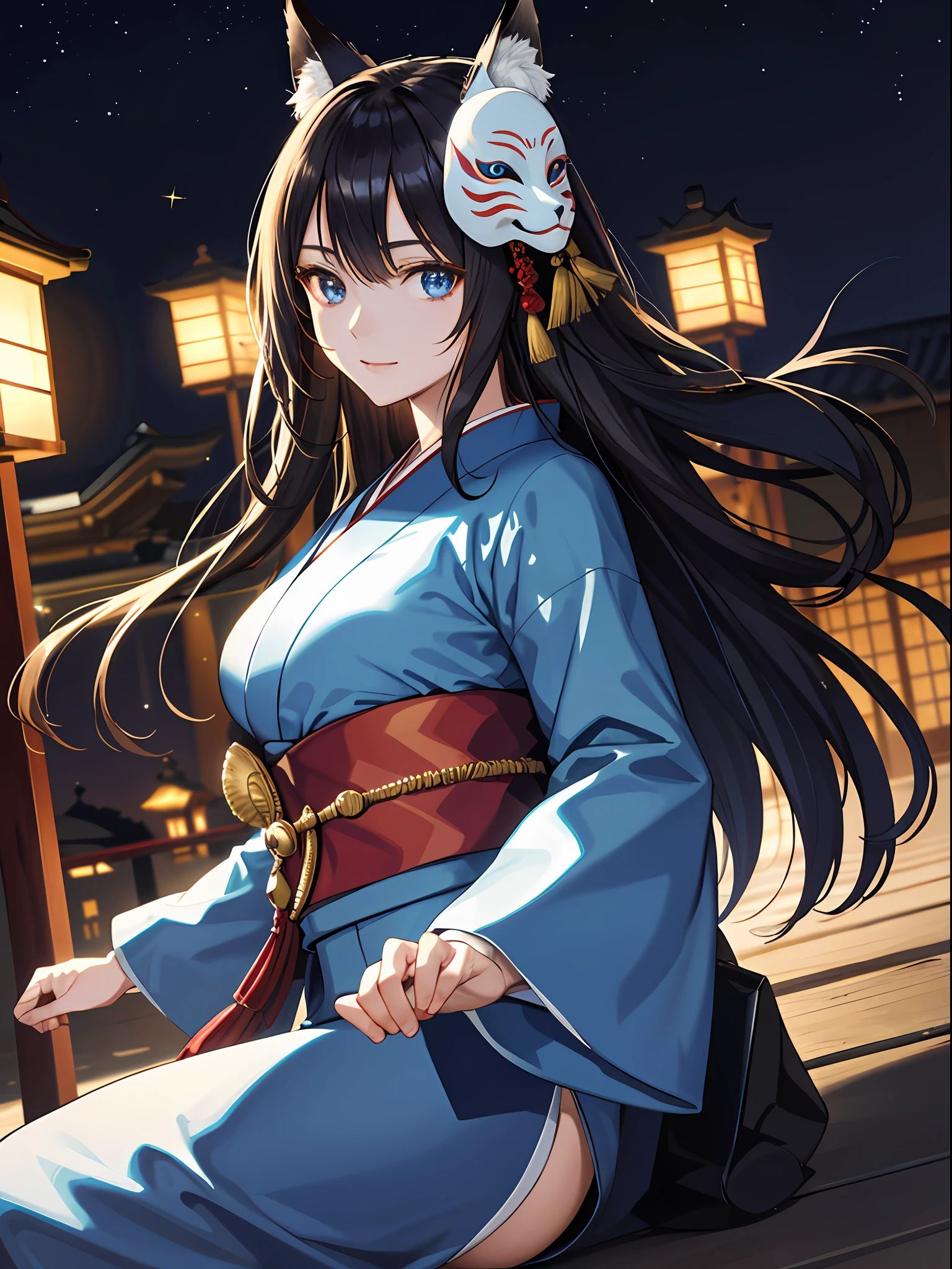 (absurdres, highres, ultra detailed), one woman, mature woman, aged, straight long hair, beautiful shiny hair, blue eyes, bangs, long sleeves, finely drawn eyes and detailed face, eye highlights, clean hands, rich lighting, very detailed and unified CG 8K wallpaper, intricate details, portrait, gazing, solo, half shot, finely drawn face, soft smile, dynamic pose, classical period, (Ancient Japanese Subject: 1.1), Japanese mythology, fox ears, Japanese people, ruler, blue kimono, floral kimono, ancient theme, (Thriving (Civilization: 1.1), Moon in background, (Immaculate: 1.1) shrine, Japanese landscape, ancient city in background, fox mask on head, fantastic, dreamy, dancing lights, lantern, austere, night, darkness, stars, portrait, cinematic lighting
