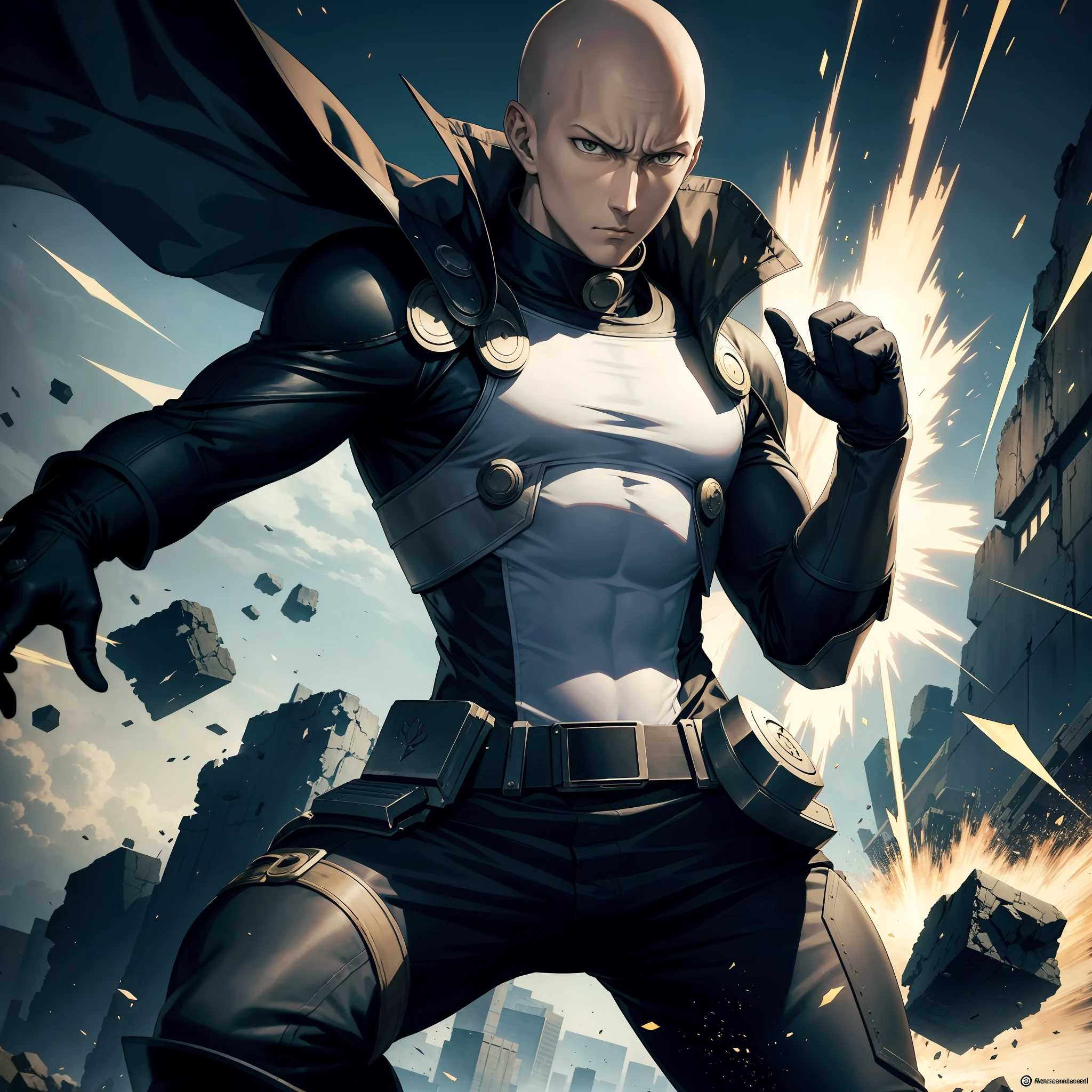 Saitama, one punch Man, with mercenary clothes, bad guy, dark air, debris around, high quality, high resolution, sharp