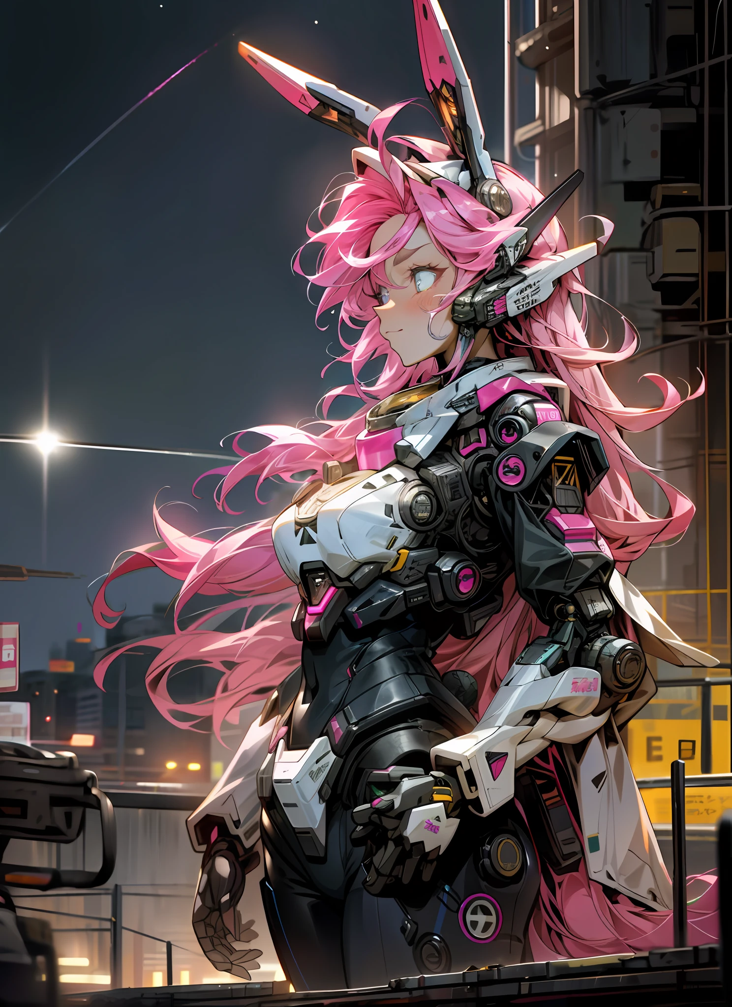 (Universe), Meteor, Glow, Robot, Mecha Girl, Pink Hair, Rabbit Ears, Big Breast, glowing_eyes, Mecha, Science Fiction, City, Reality, Mecha