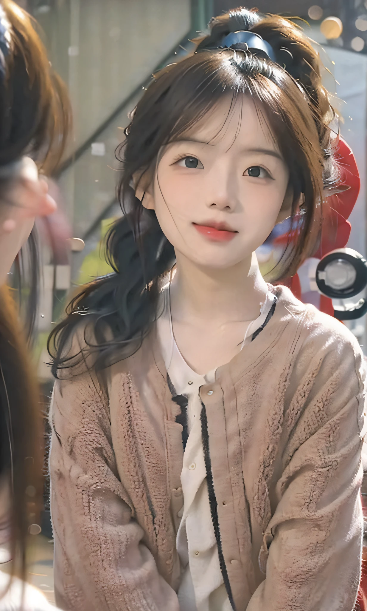 (8k, RAW photo, photorealistic:1.25) ,( lip gloss, eyelashes, glossy side, shiny skin, best quality, ultra high resolution, depth of field, chromatic aberration, caustics, wide light, natural shadow, Kpop idol) Watch the audience with tranquility and goddess-like happiness, hair bobbles, light smile, ribbon, blunt bangs, braided ponytail, Surrealism, drop shadow, anaglyph, stereogram, tachi-e, pov, atmospheric perspective, 8k, super detail, ccurate, best quality, highres, textured skin, high details, masterpiece