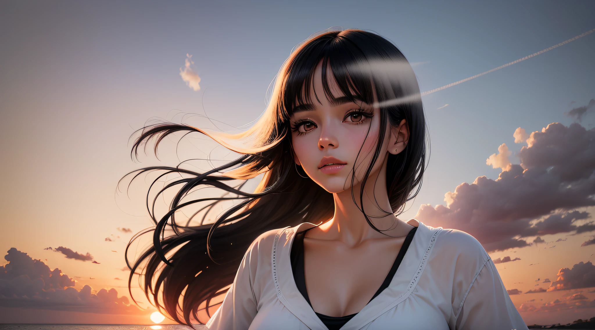 woman, white, with black hair, looking at the sunset --auto --s2