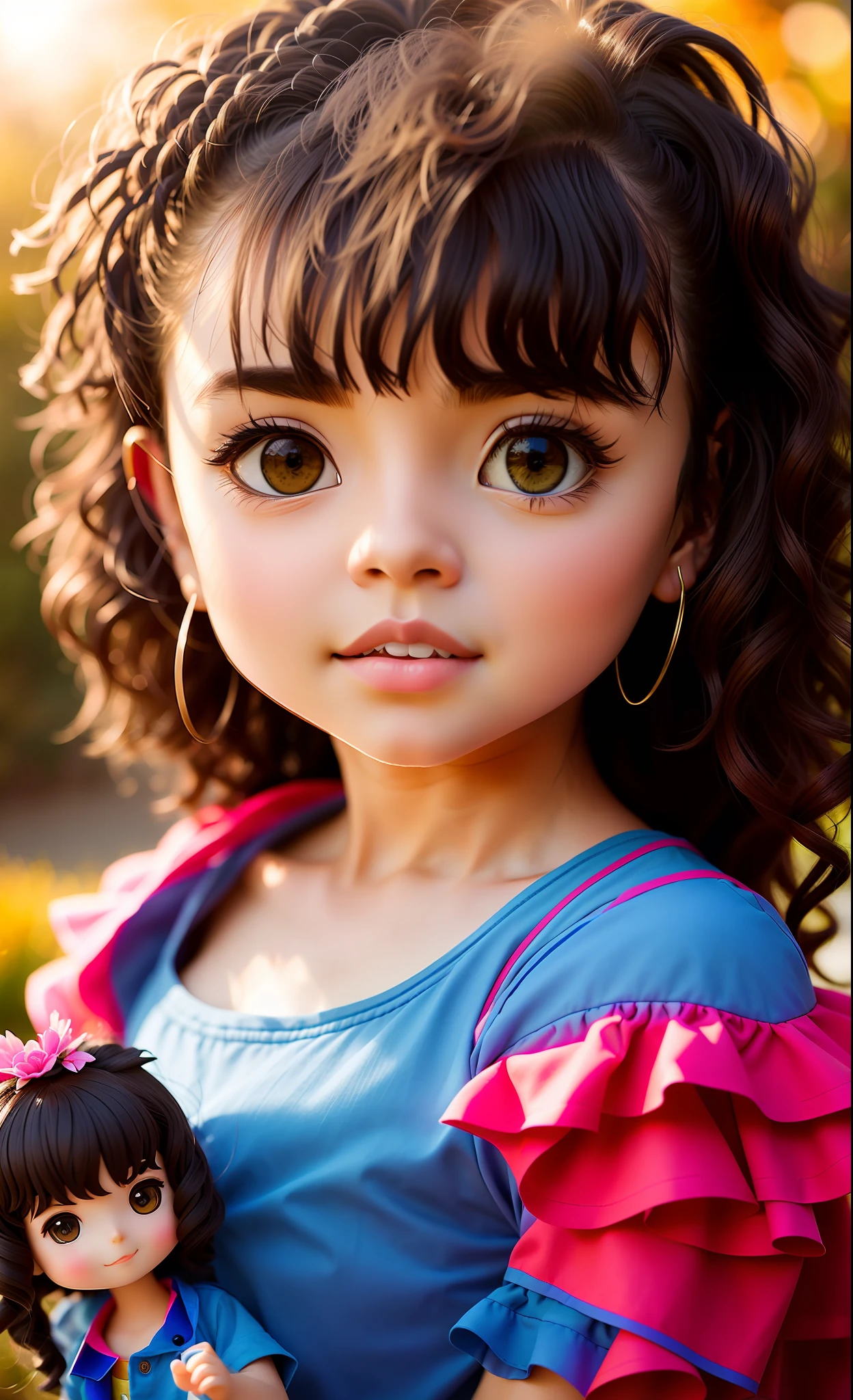 3d chibi by 1girl, ((solo)))), ( long curly hair messy, smiling
happy, African-American, kind-eyed;1.15), wearing pink T-shirt and jeans, high-heeled shoes, sculptural model body, late afternoon
autumn, flower garden, warm and soft light, flowers being
Wind-blown, motion blur lens