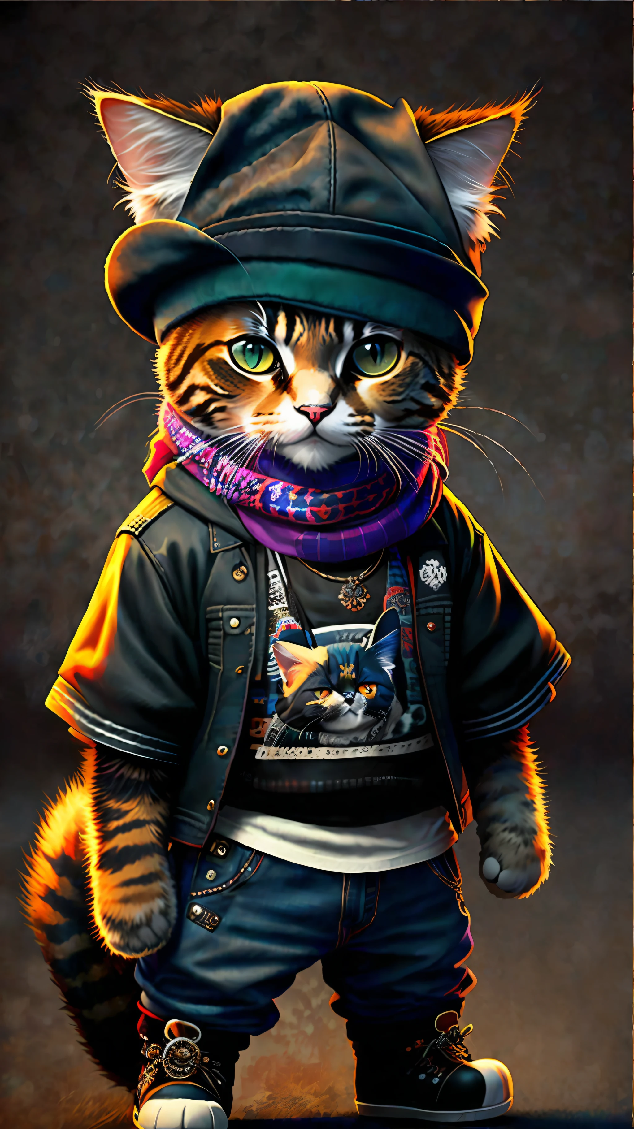 image of a cat with hat and scarf, art station trend, dressed in punk clothes, hyper realistic detailed rendering, british gang member, urban style, intimidating pose, planet of cats, fashionable clothes, urban samurai, meow, west slavic traits, circular design, shirt design