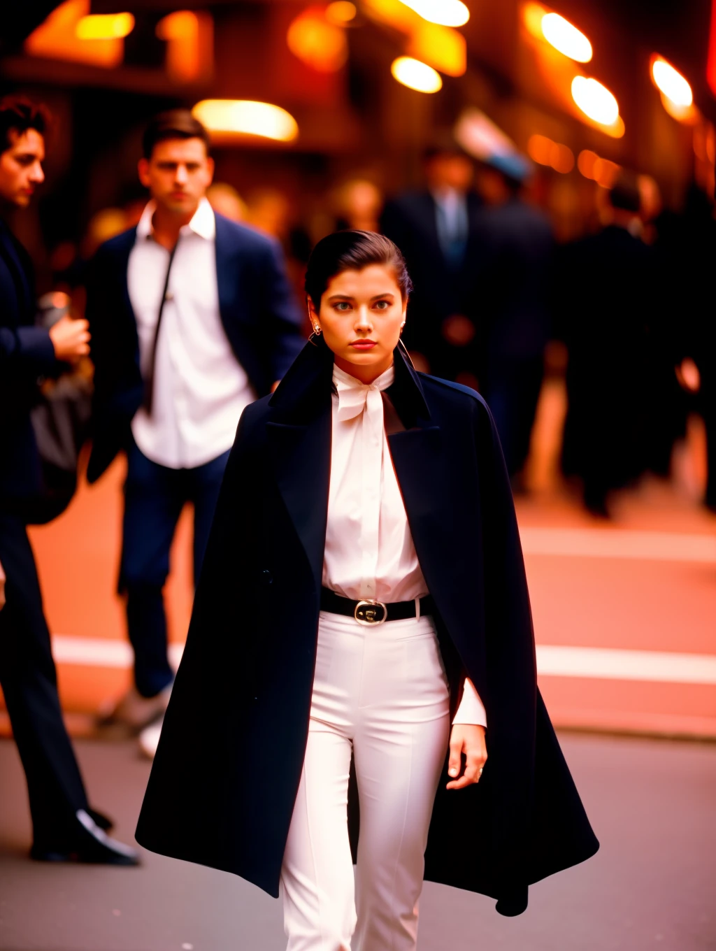Street photographers, a beautiful woman in high fashion, in the style of Eric Pare in motion, many people on the background, film photography, 35mm f/1.4 lens, cinestill 800