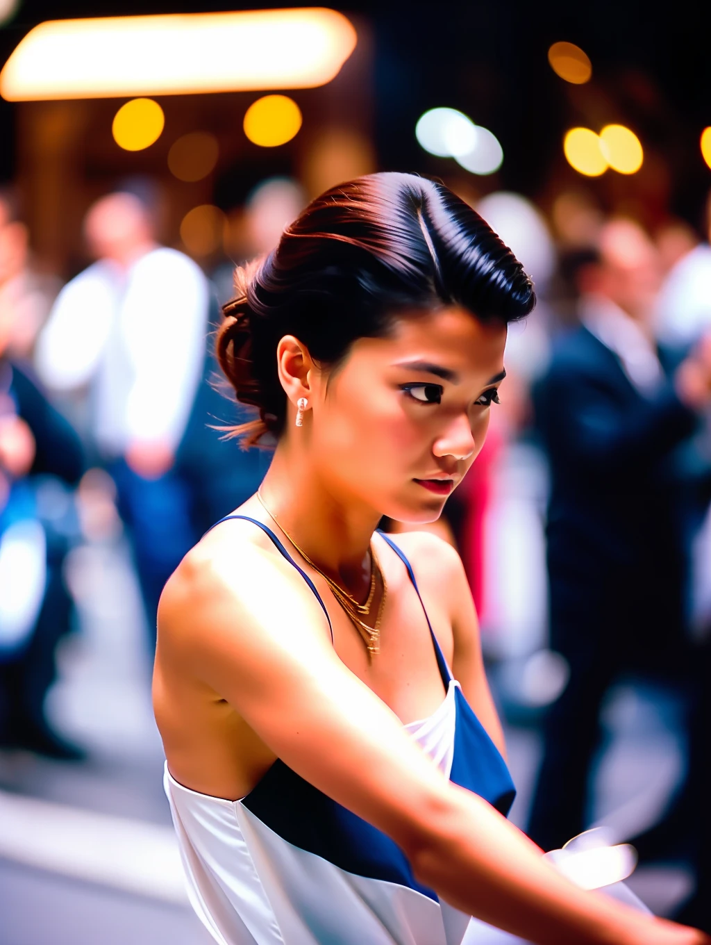 Street photographers, a beautiful woman in high fashion, in the style of Eric Pare in motion, many people on the background, film photography, 35mm f/1.4 lens, cinestill 800