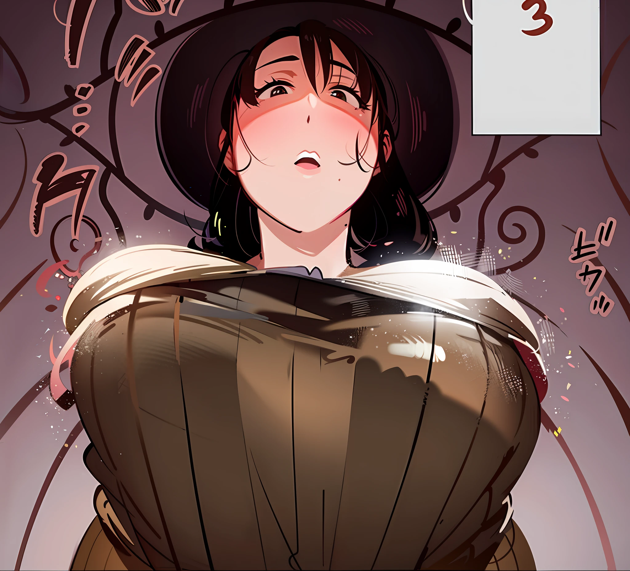 a cartoon drawing of a curvy woman with long hair wearing a brown sweater, ((brown sweater)), huge breasts, low angle view, tight clothes, hypnosis, surprised