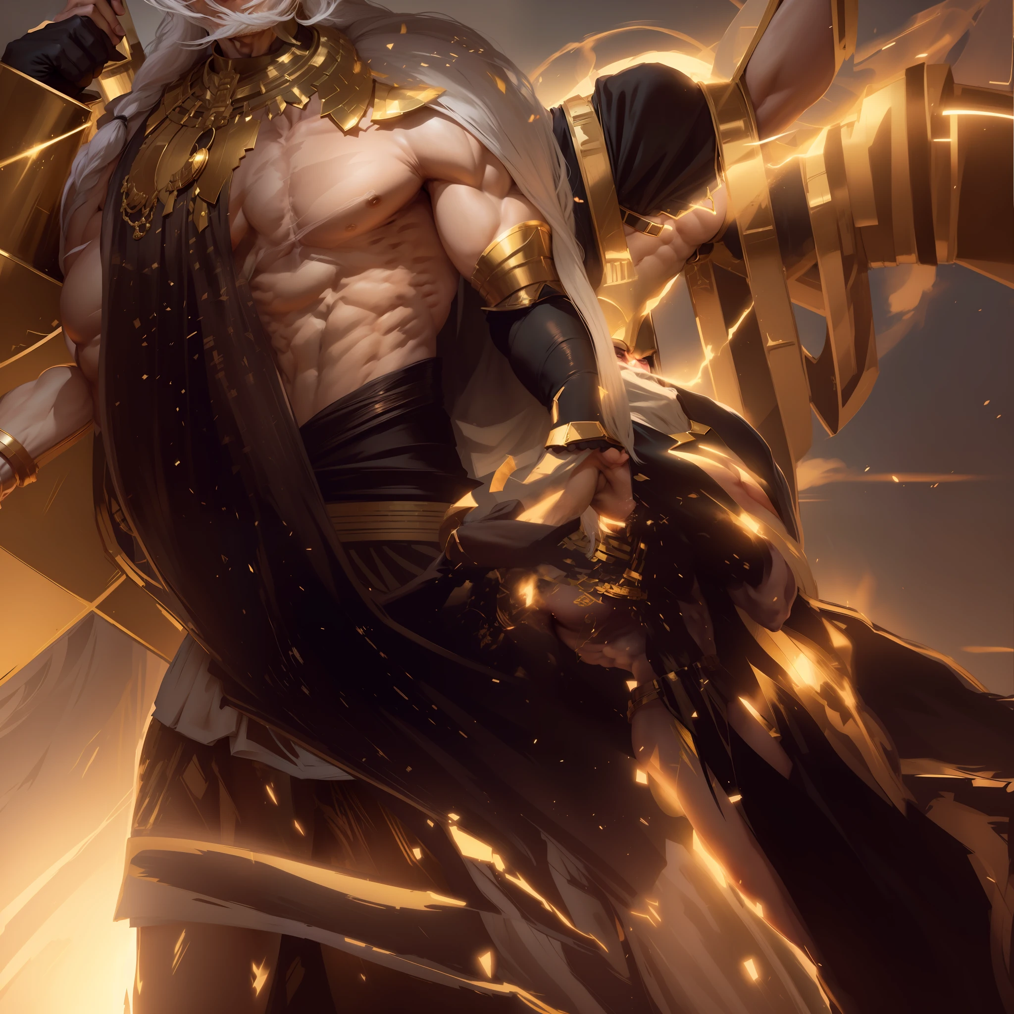 "Powerful, imposing-looking wizard with defined muscles and tall stature, sporting long, white hair framing his confident, shirtless face. She wears an elegant Egyptian skirt adorned by a golden belt that highlights her majesty."