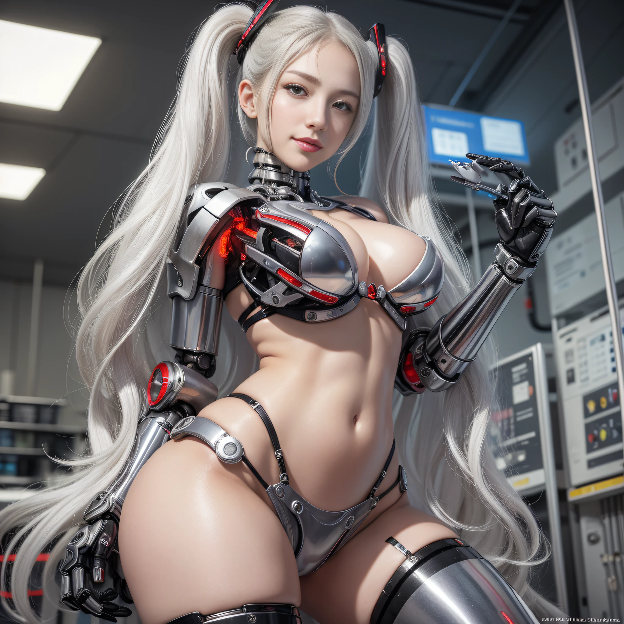 Beautiful Face,face is Japan, 1 Woman, Big, Curvaceous, (16k, RAW photo, top quality, masterpiece: 1.2), (HDR, Realistic, Photorealistic: 1.37) (tube attached to the body), (Bikini Cyborg robot parts)))), (light gray hair), Long hair, Wavy hair, Twin tails, Medium shot, ( Seductive smile)), (black eyes), princess cut,from below,(whole body),posing,,in the lab,( tube connected to blood vessel),((mechanical vertebrae attached to the back)),((mechanical neck attached to the neck)),(wire cable attached to the head and body),(character focus),science fiction,perfect female figure,perfect anatomy,ultraanatomy, Full body shot, up to 4 fingers and 1 thumb relationship,