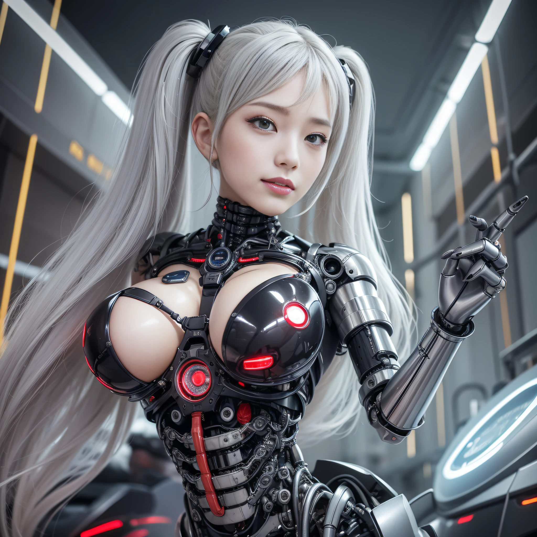 Beautiful Face,face is Japan, 1 Woman, Big, Curvaceous, (16k, RAW photo, top quality, masterpiece: 1.2), (HDR, Realistic, Photorealistic: 1.37) (tube attached to the body), (Bikini Cyborg robot parts)))), (light gray hair), Long hair, Wavy hair, Twin tails, Medium shot, ( Seductive smile)), (black eyes), princess cut,from below,(whole body),posing,,in the lab,( tube connected to blood vessel),((mechanical vertebrae attached to the back)),((mechanical neck attached to the neck)),(wire cable attached to the head and body),(character focus),science fiction,perfect female figure,perfect anatomy,ultraanatomy, Full body shot, up to 4 fingers and 1 thumb relationship,