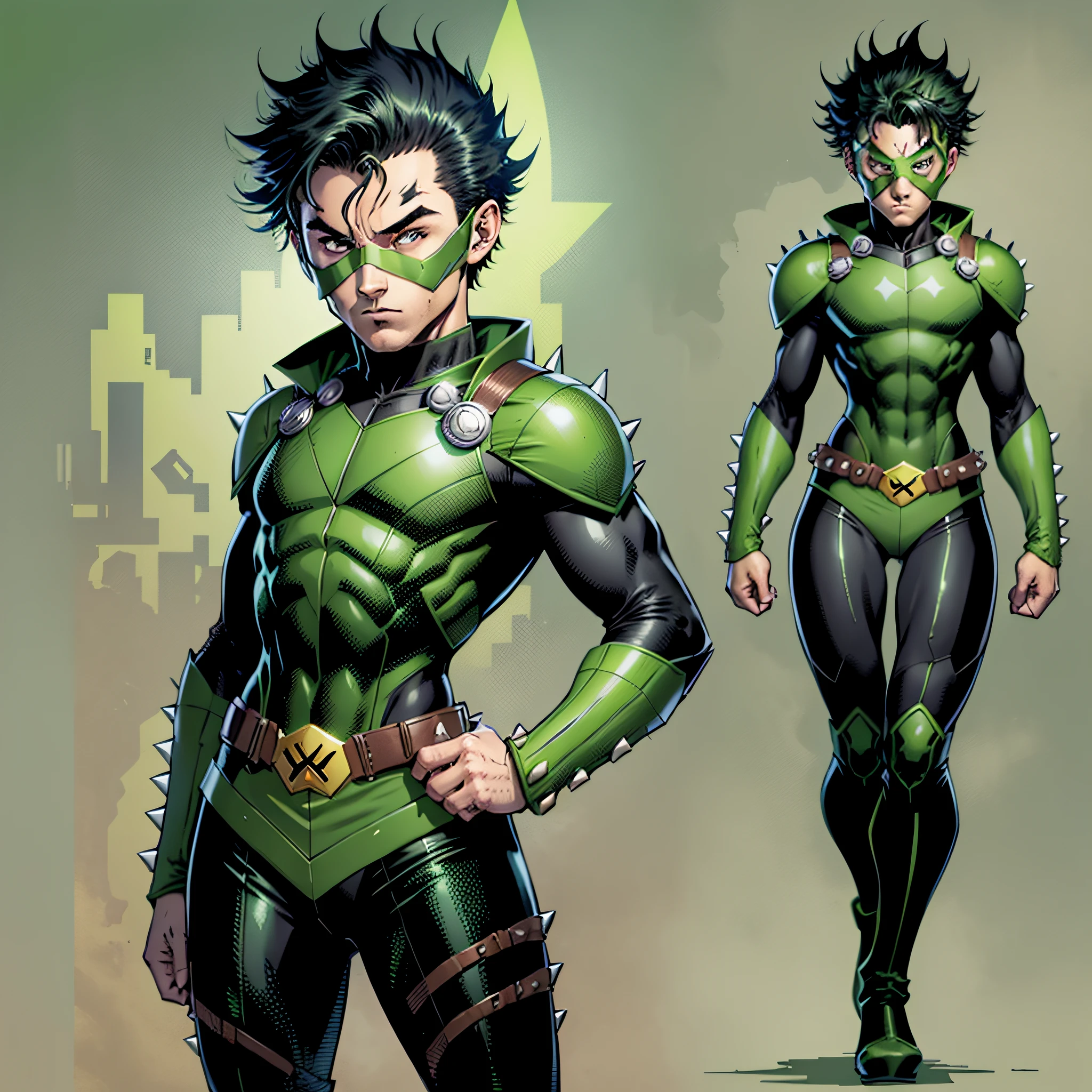 14 year old character,spiky maron hair,wears a green mask on face,green uniform with black details with long sleeve, black belt,green pants with black details, green boots, Robin based uniform,reference sheet,full body character,detailed,T pose, White Background
