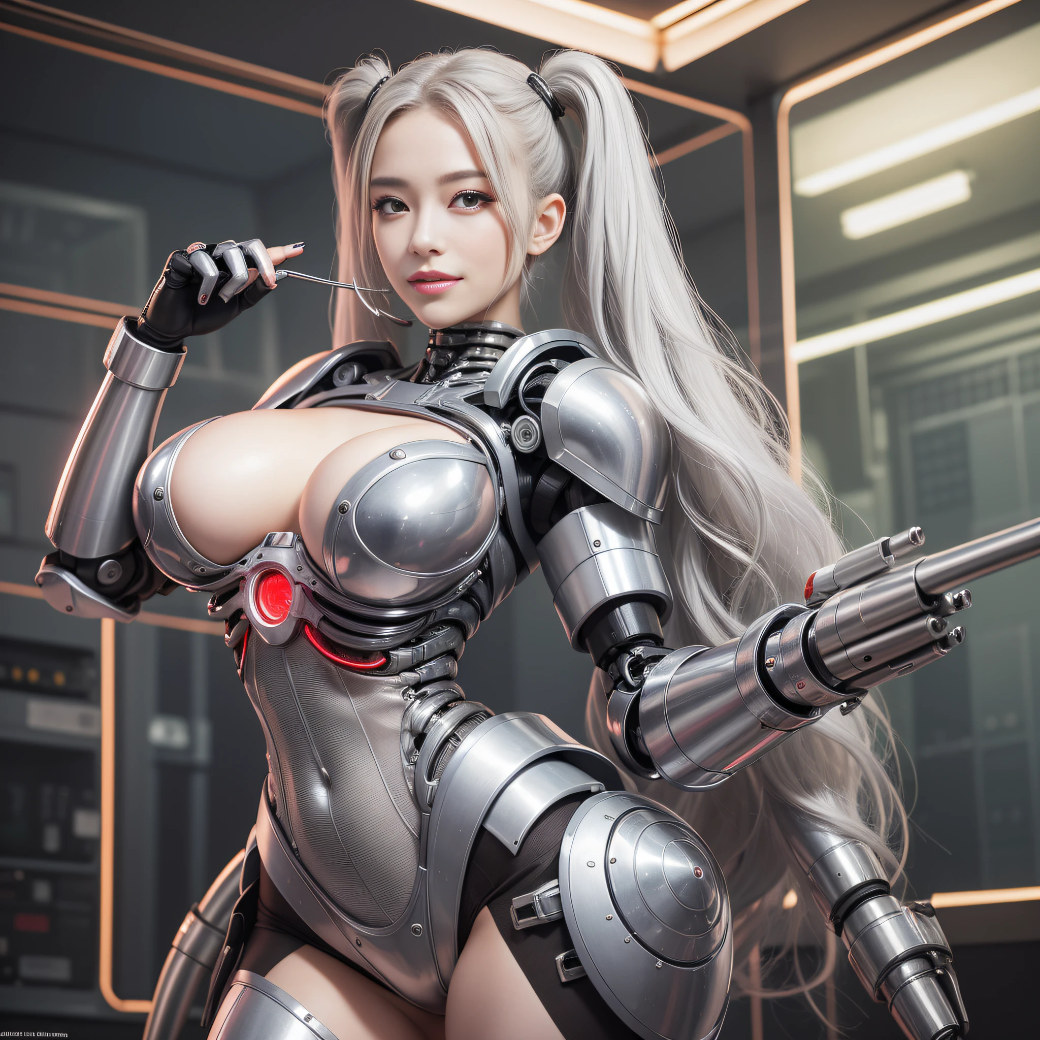 Beautiful Face,face is Japan, 1 Woman, Big, Curvaceous, (16k, RAW photo, top quality, masterpiece: 1.2), (HDR, Realistic, Photorealistic: 1.37) (tube attached to the body), (Bikini Cyborg robot parts)))), (light gray hair), Long hair, Wavy hair, Twin tails, Medium shot, ( Seductive smile)), (black eyes), princess cut,from below,(whole body),posing,,in the lab,( tube connected to blood vessel),((mechanical vertebrae attached to the back)),((mechanical neck attached to the neck)),(wire cable attached to the head and body),(character focus),science fiction,perfect female figure,perfect anatomy,ultraanatomy, Full body shot, up to 4 fingers and 1 thumb relationship,