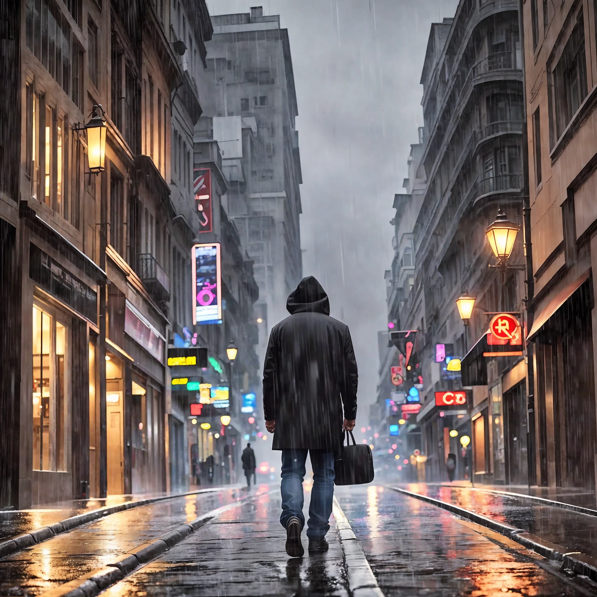 The back of a man, walking on a cold night, wet street, heavy rain, cringe, surrealism, shadow, tachi-e, pov, atmospheric perspective, high detail, chiaroscuro, depth of field, cinematic lighting, motion blur, blur, backlight, film grain, pov, 8K, super detail, ccurate, best quality, ultra hd, ultra hd, ultra hd, ultra hd, ultra hd --auto --s2